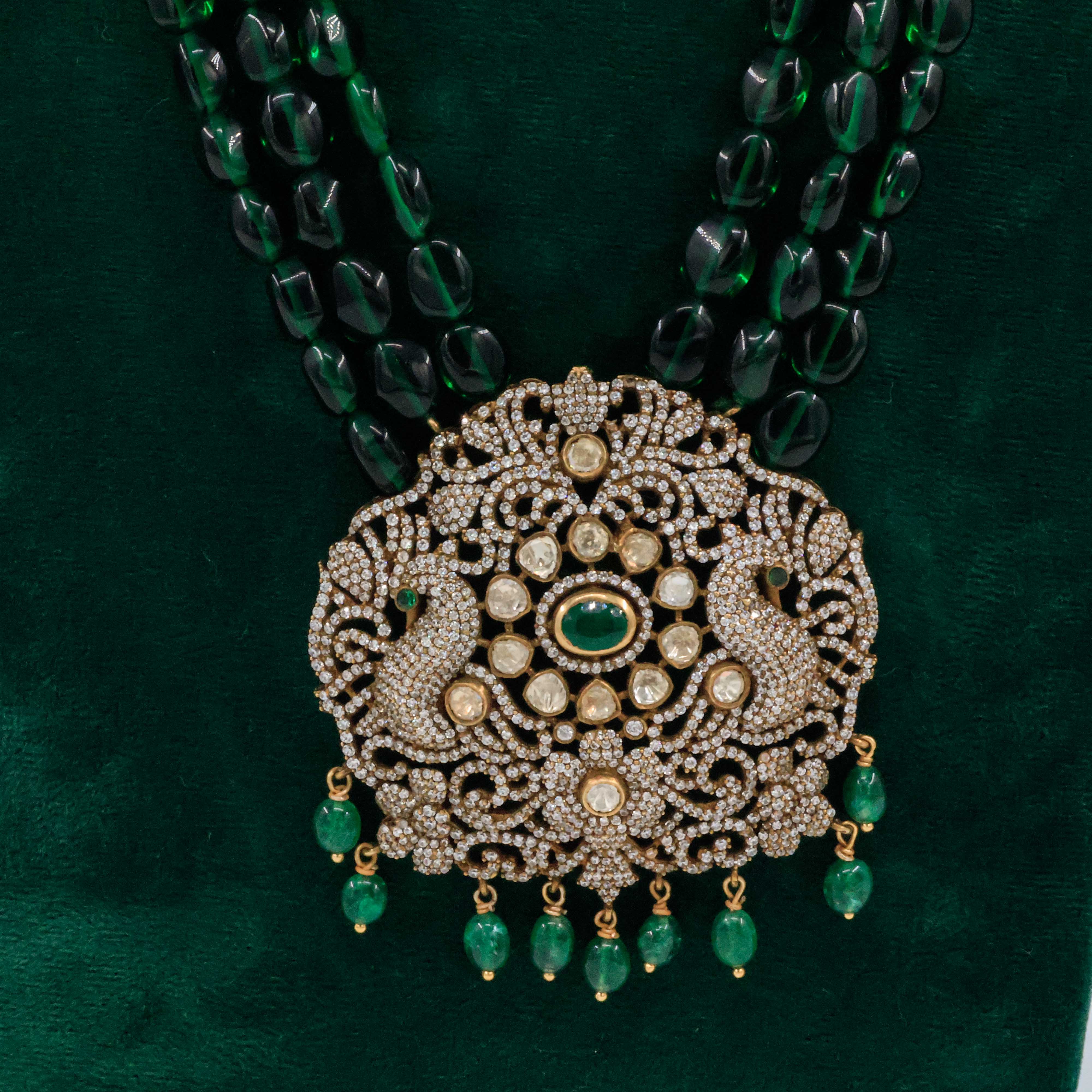 Raag Silver Jewellery Basheerbagh - Peacock Polki Emerald Necklace