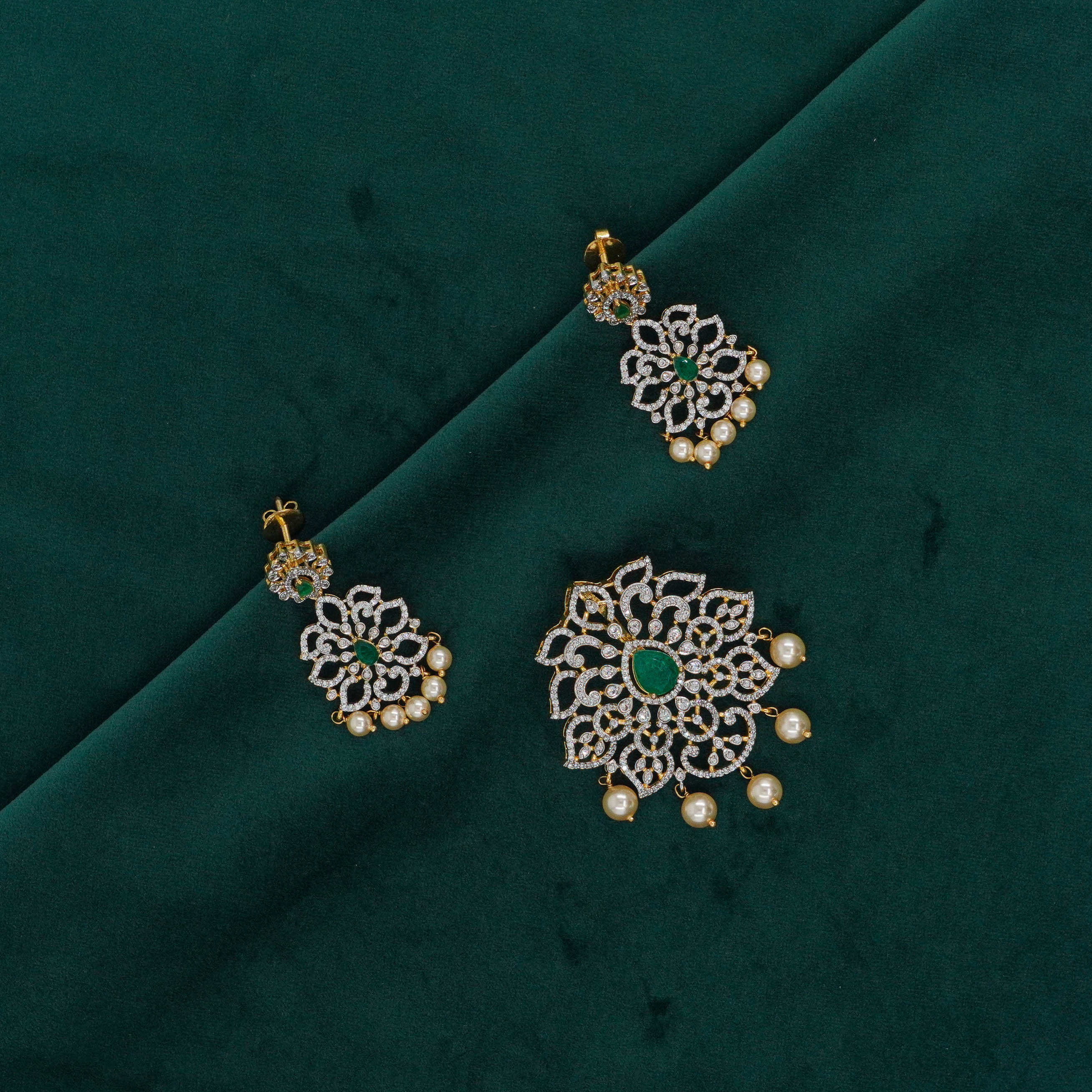 Raag Silver Jewellery Basheerbagh - Emerald Floral Pendant Set
