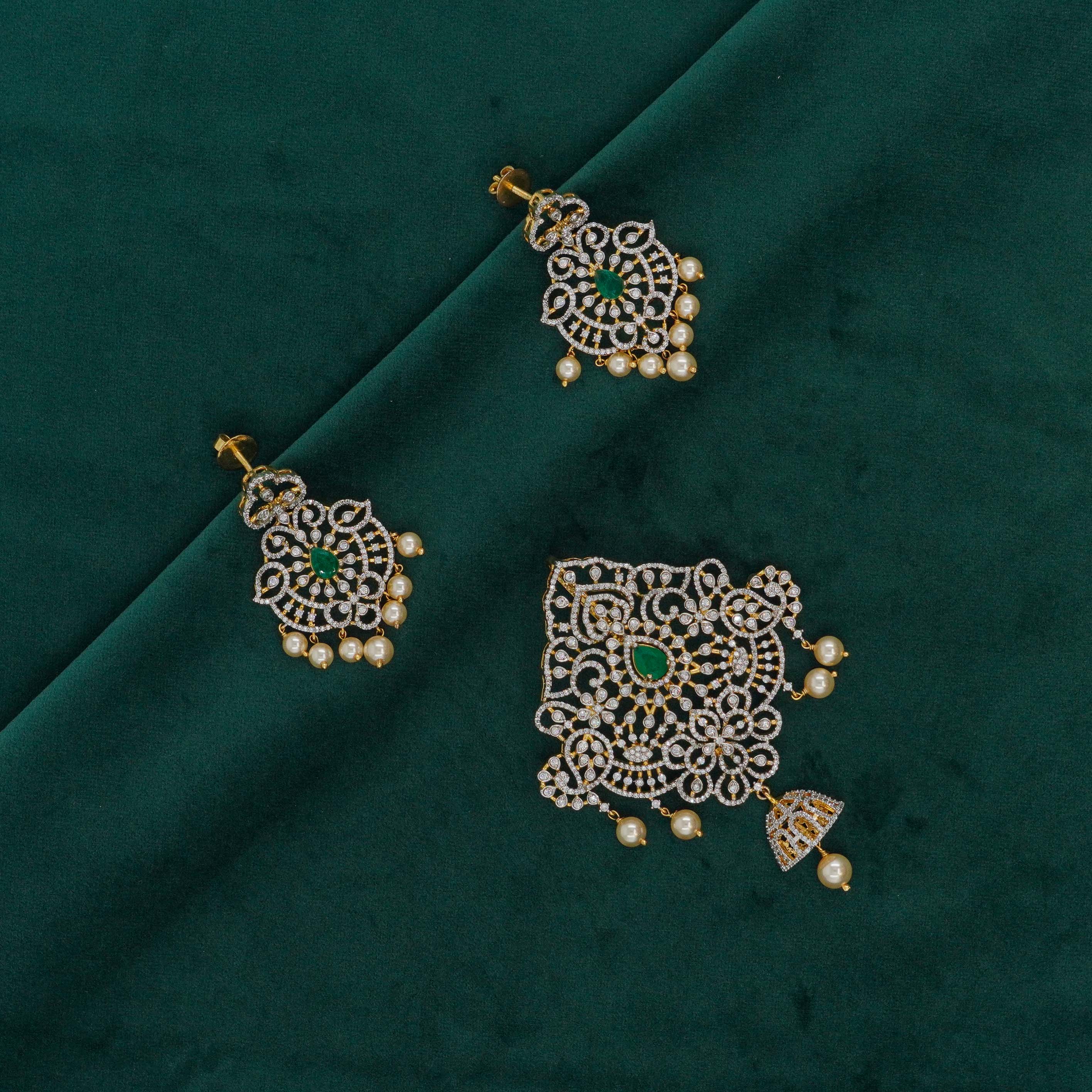Raag Silver Jewellery Basheerbagh - Emerald Filigree Pendant Set