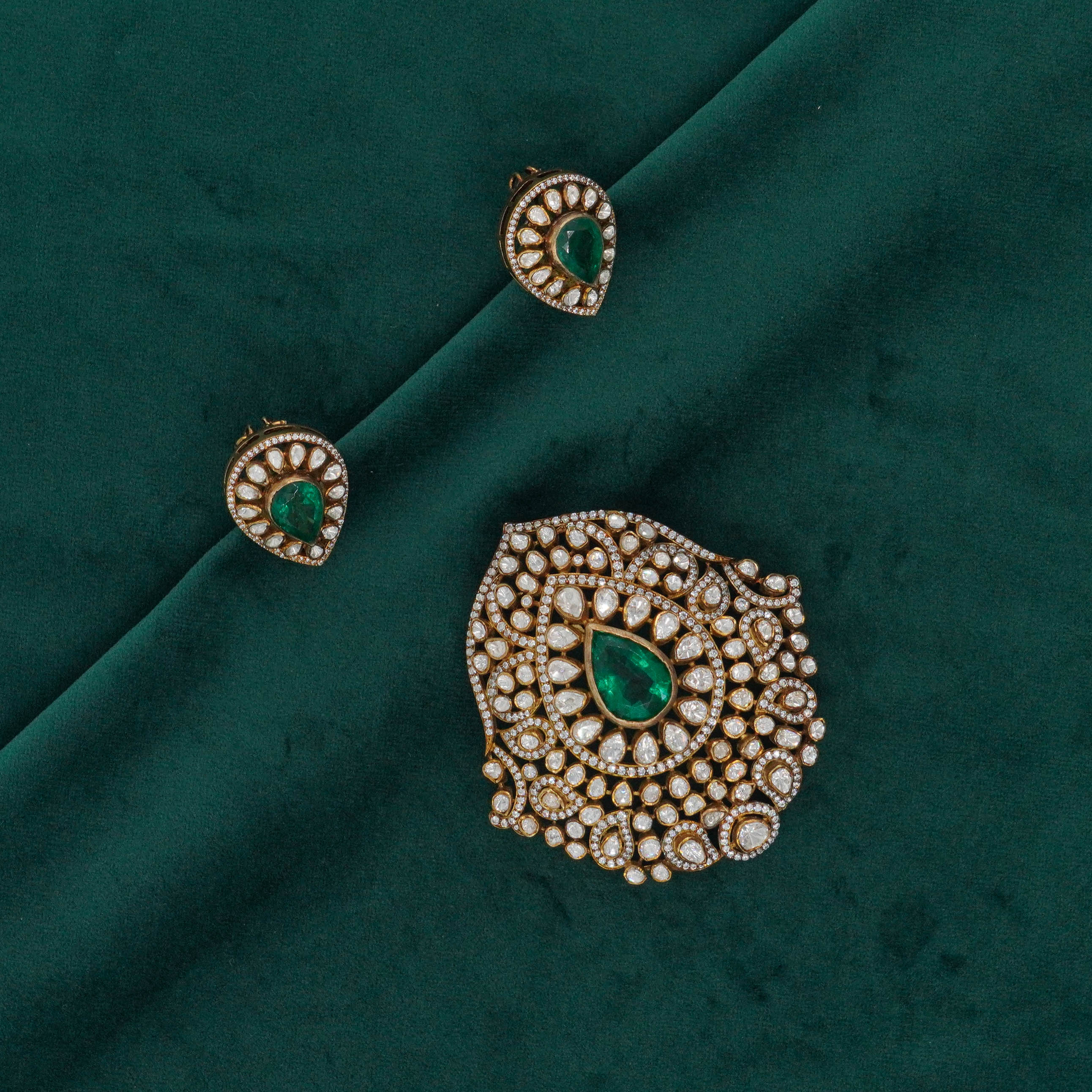 Raag Silver Jewellery Basheerbagh - Emerald Pear Pendant Set