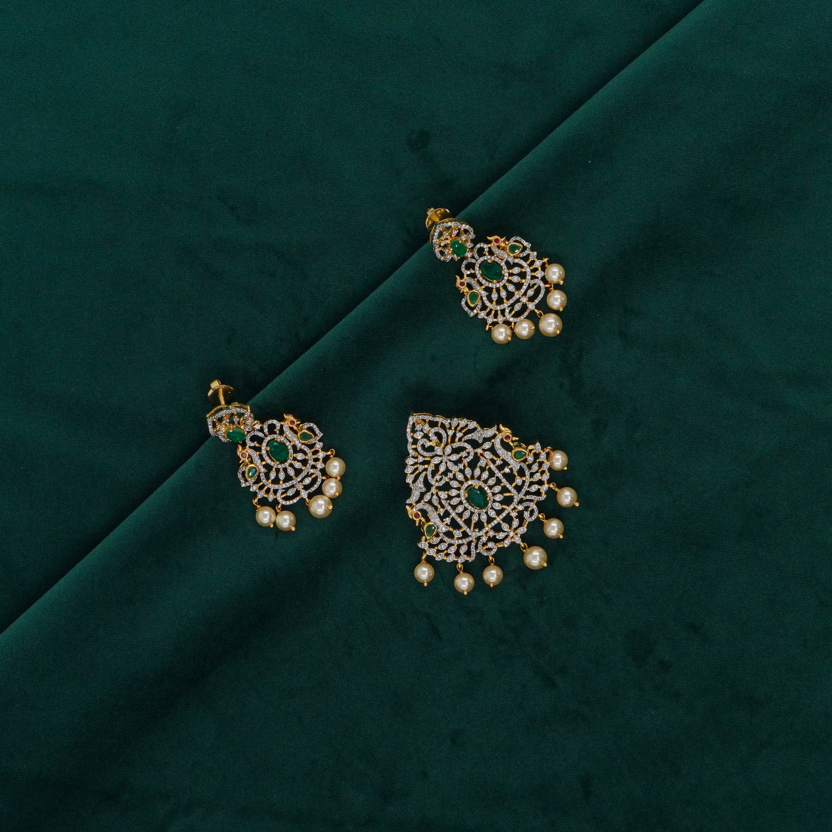 Raag Silver Jewellery Basheerbagh - Emerald Pearl Pendant Set