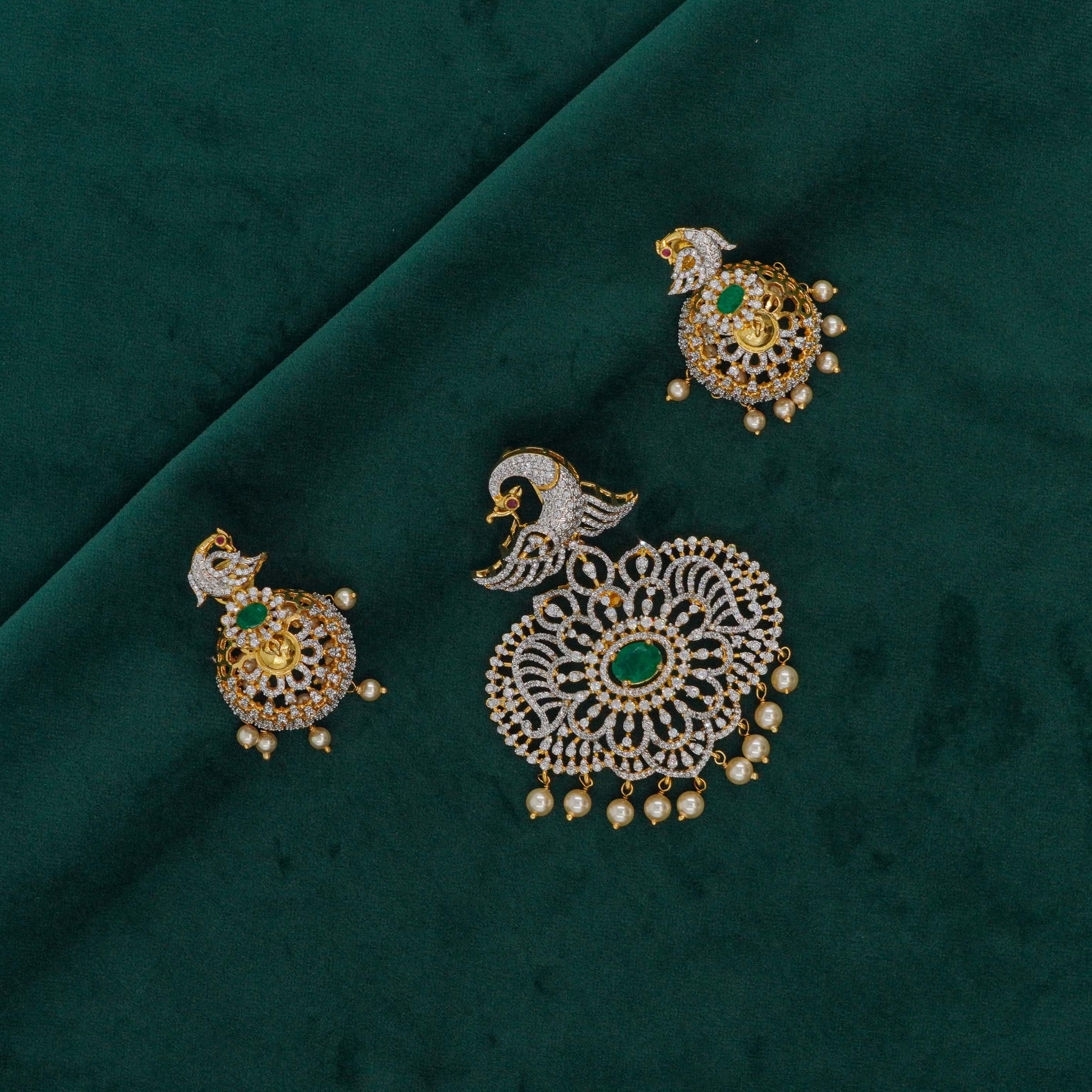 Raag Silver Jewellery Basheerbagh - Peacock Emerald Pendant Set
