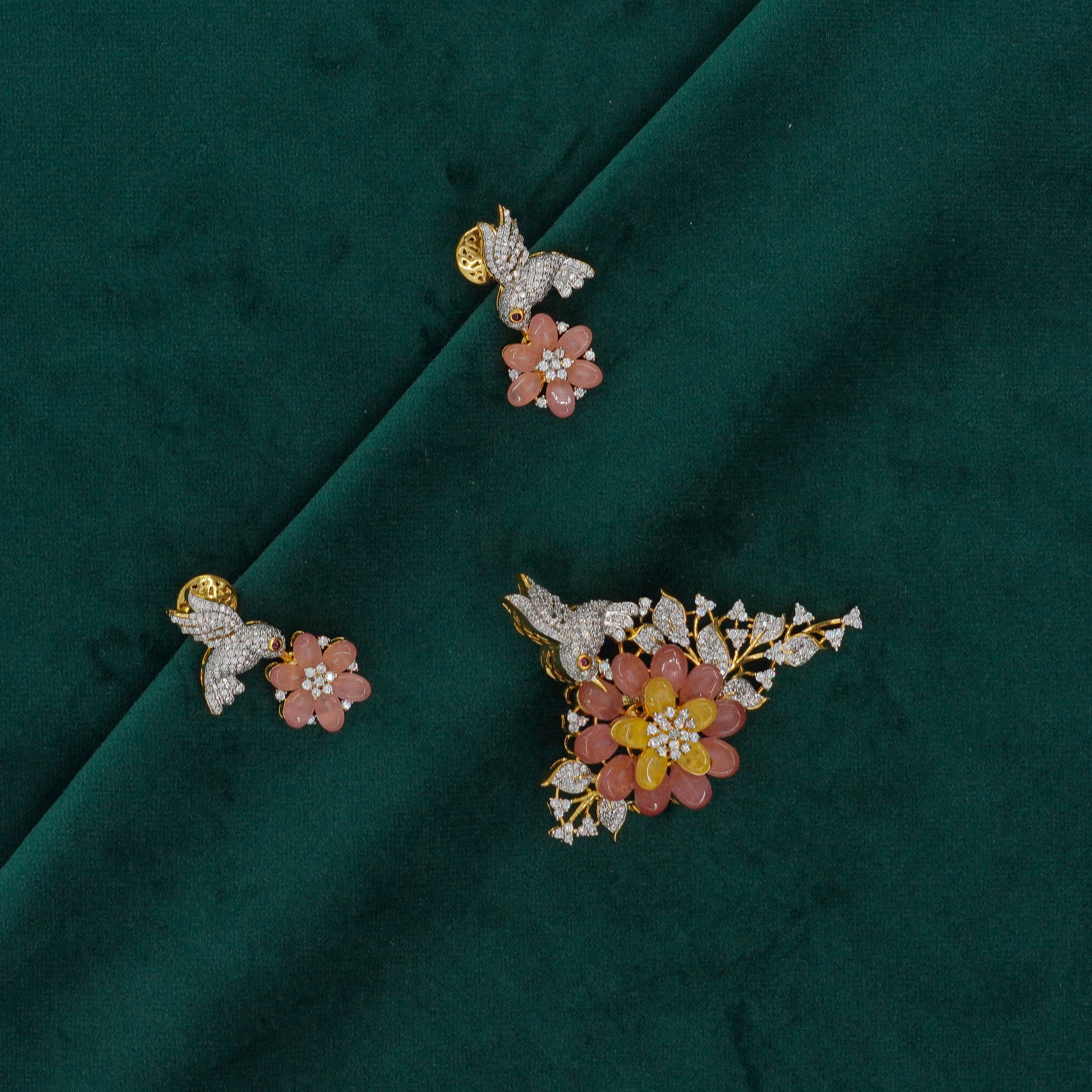Raag Silver Jewellery Basheerbagh - Floral Bird Brooch Set