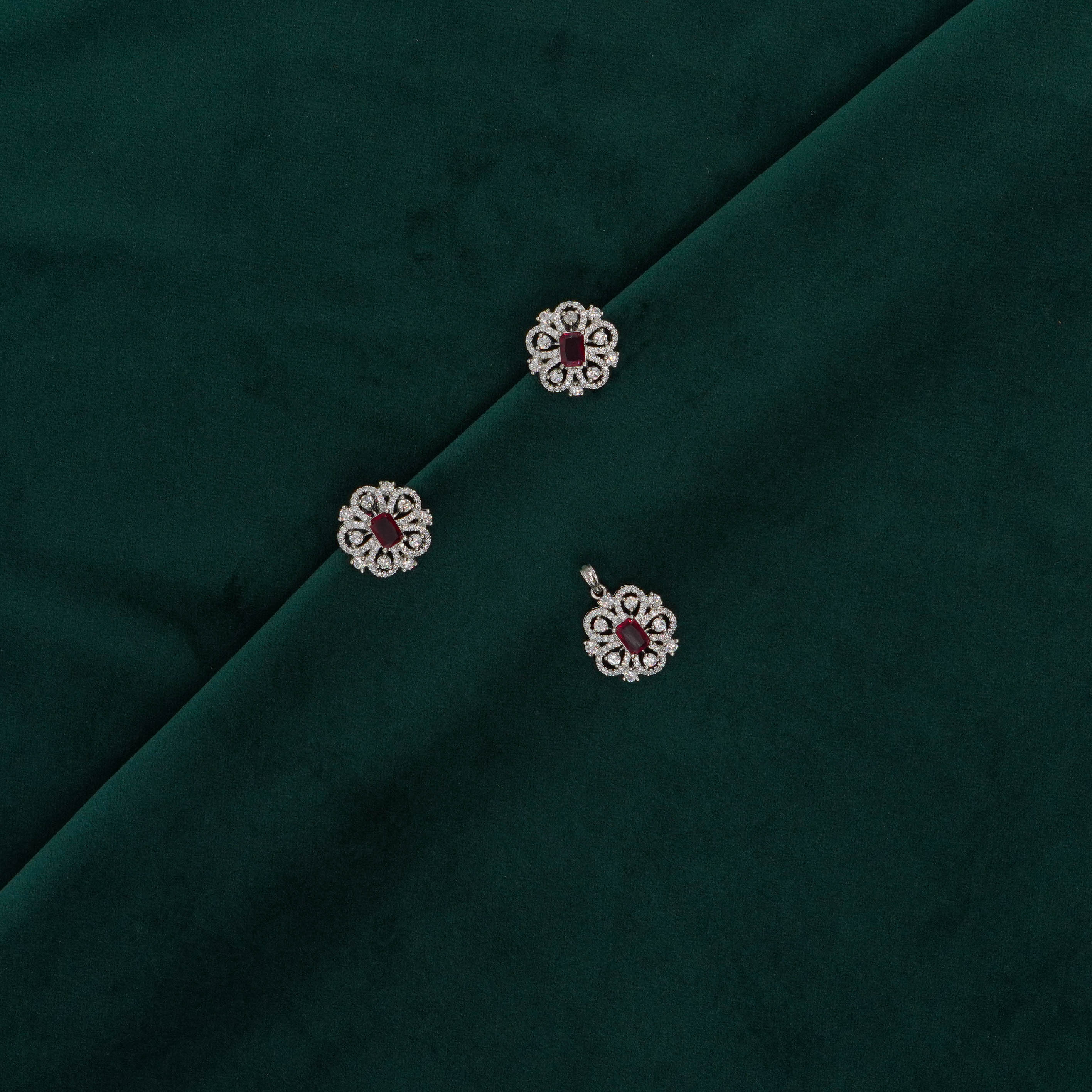 Raag Silver Jewellery Basheerbagh - Floral Ruby Pendant Set