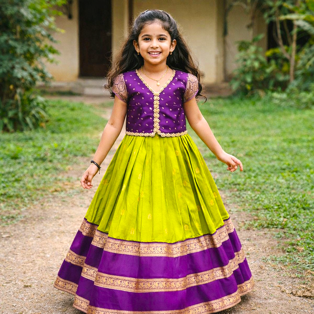 RadhaKrishnaDesignStudio - Soft silk gap border lehenga with beautiful maggam work blouse