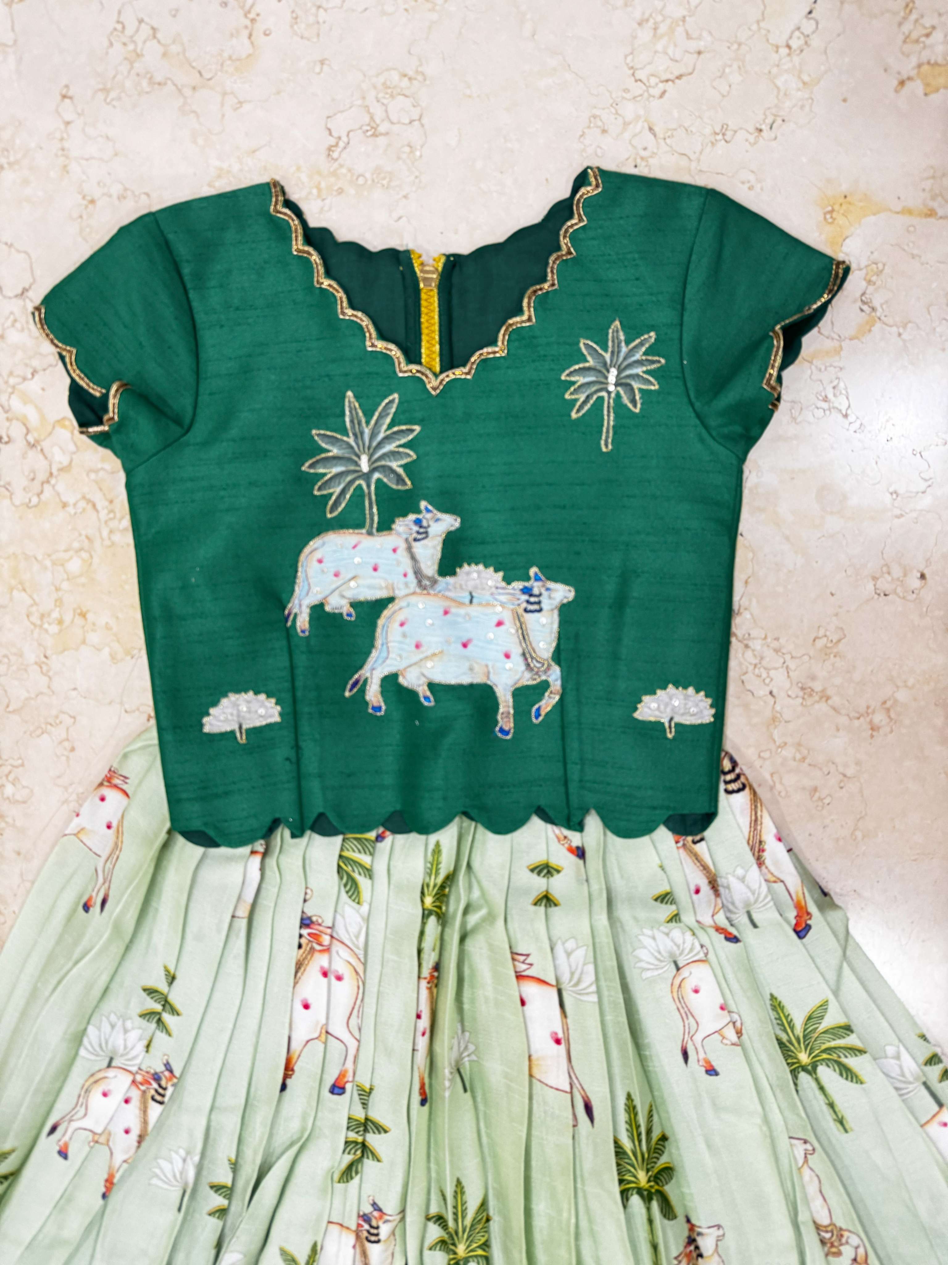 RadhaKrishnaDesignStudio - Green Pichwai Lehenga