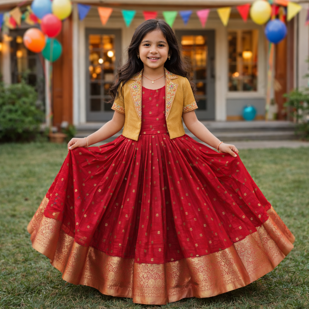 RadhaKrishnaDesignStudio - Royal Red & Gold Pleated Lehenga Dress with Embellished Jacket for Girls