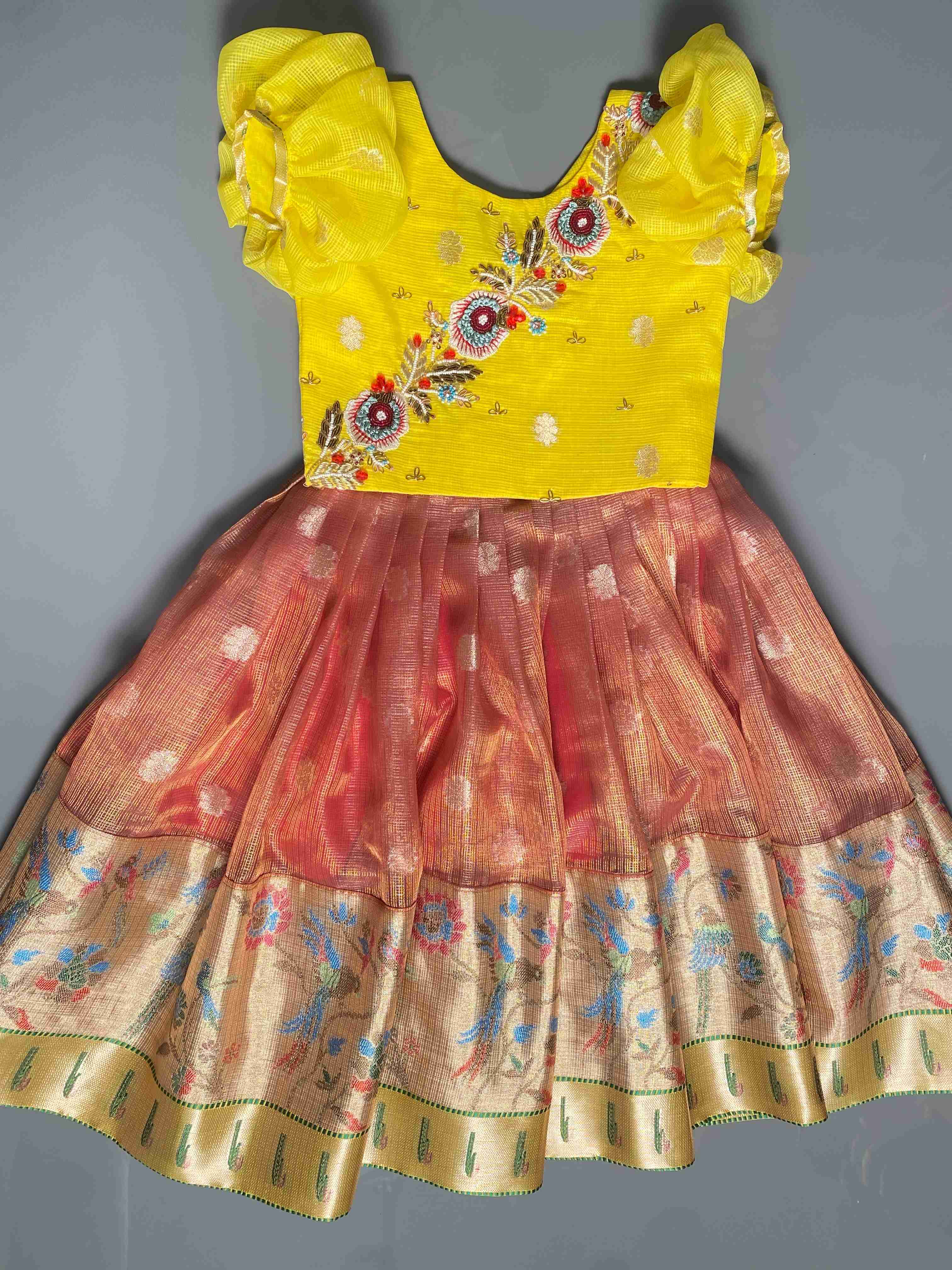 RadhaKrishnaDesignStudio - Brick red tissue Tissue Kota Lehenga with hand work blouse