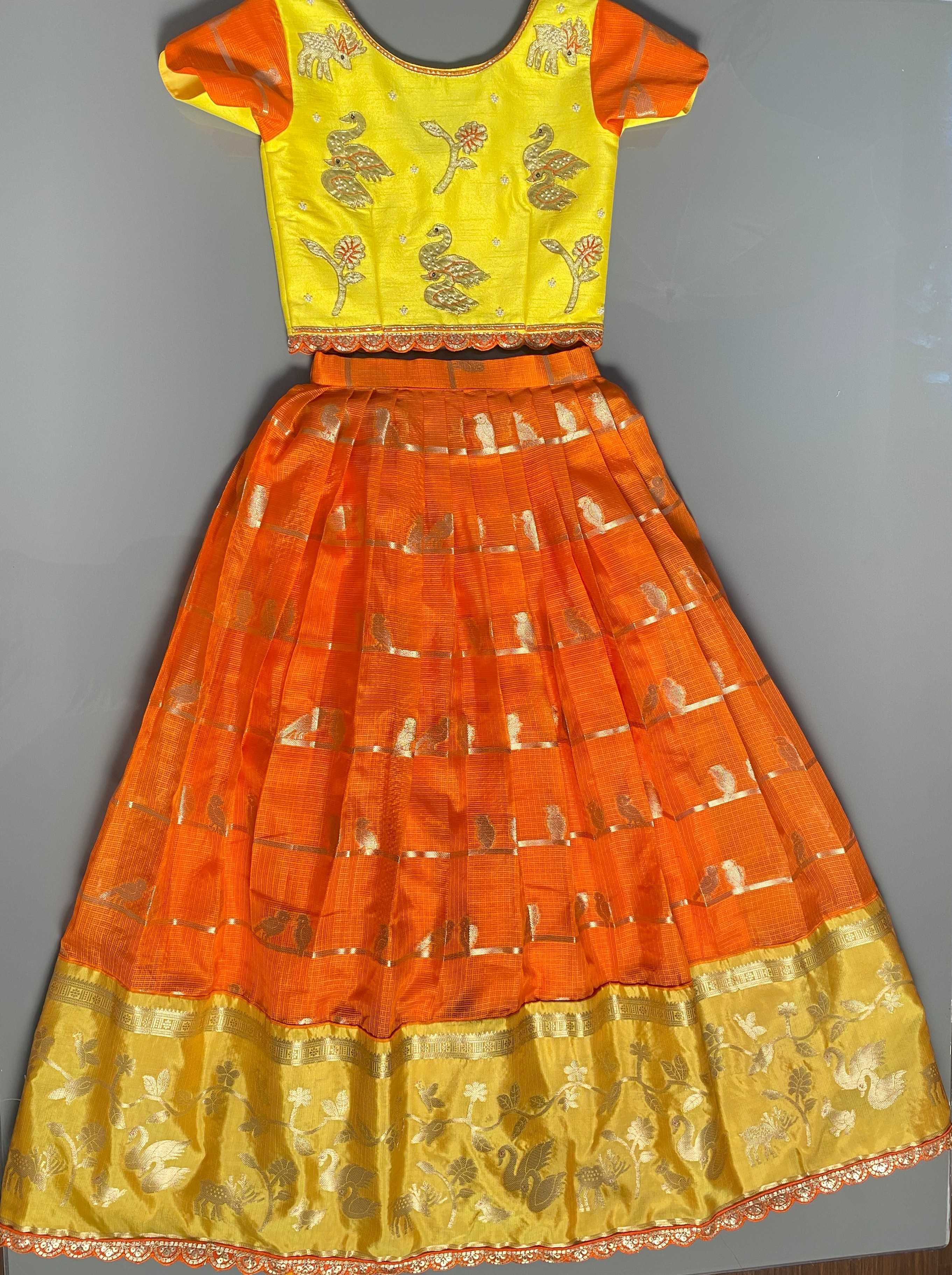 RadhaKrishnaDesignStudio - Orange Kota Banarasi Lehenga with raw silk blouse