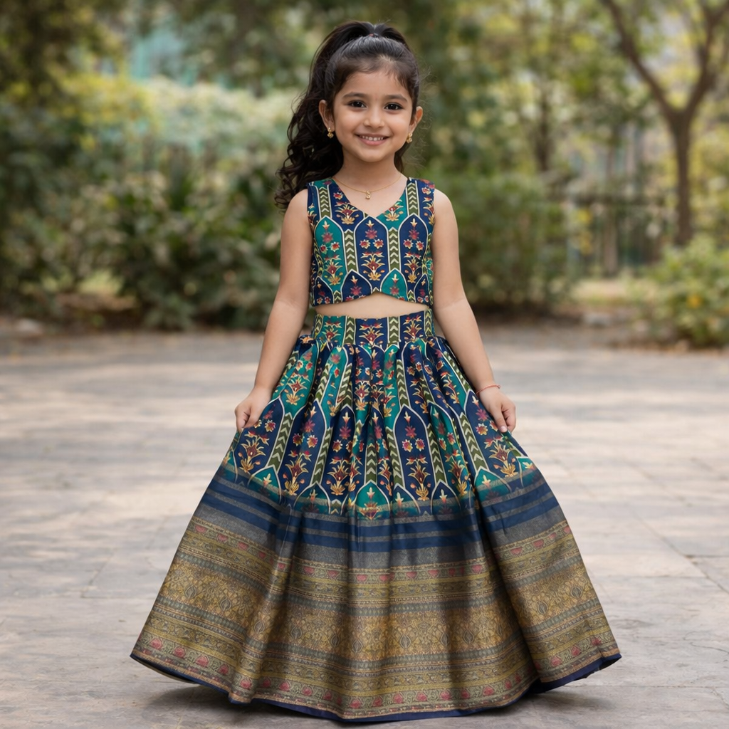 RadhaKrishnaDesignStudio - Teal & Navy Floral Ajrakh print  Lehenga Set for Girls with Crop Top Blouse