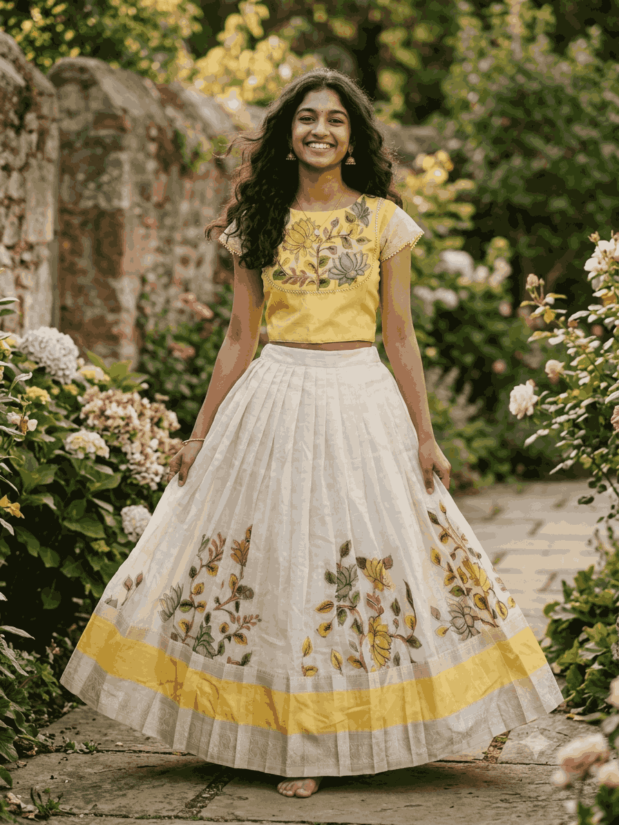 RadhaKrishnaDesignStudio - Mangalgiri lehenga with floral motifs, with yellow blouse
