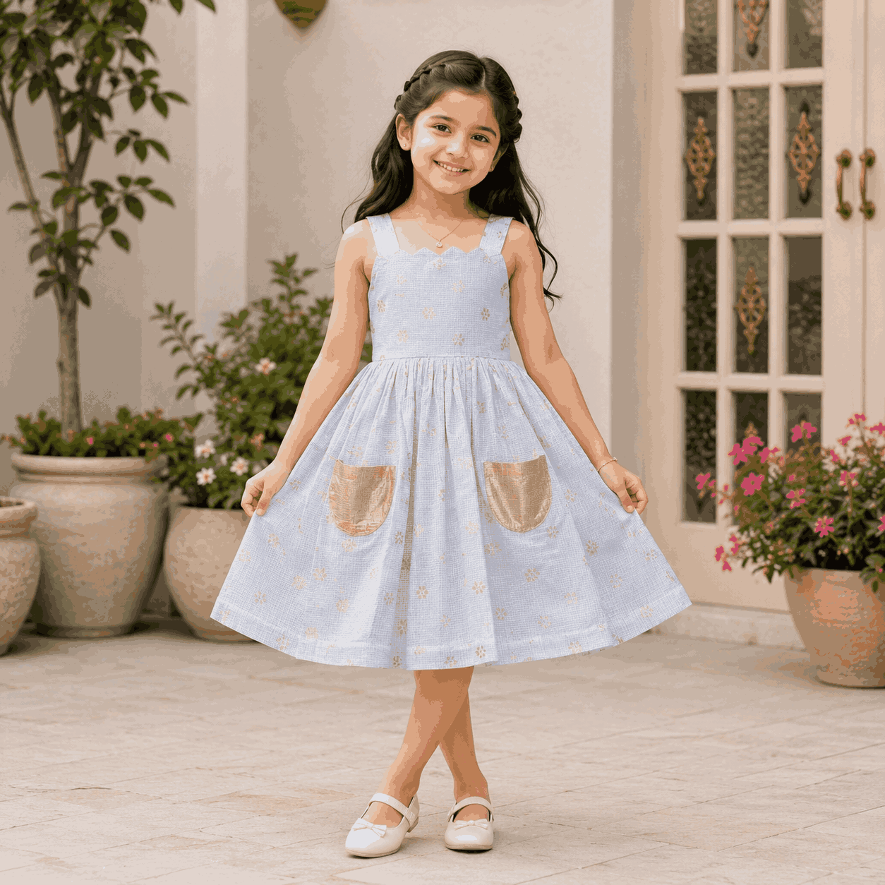RadhaKrishnaDesignStudio - Foil Print Kota Frock in ash grey colour with pockets