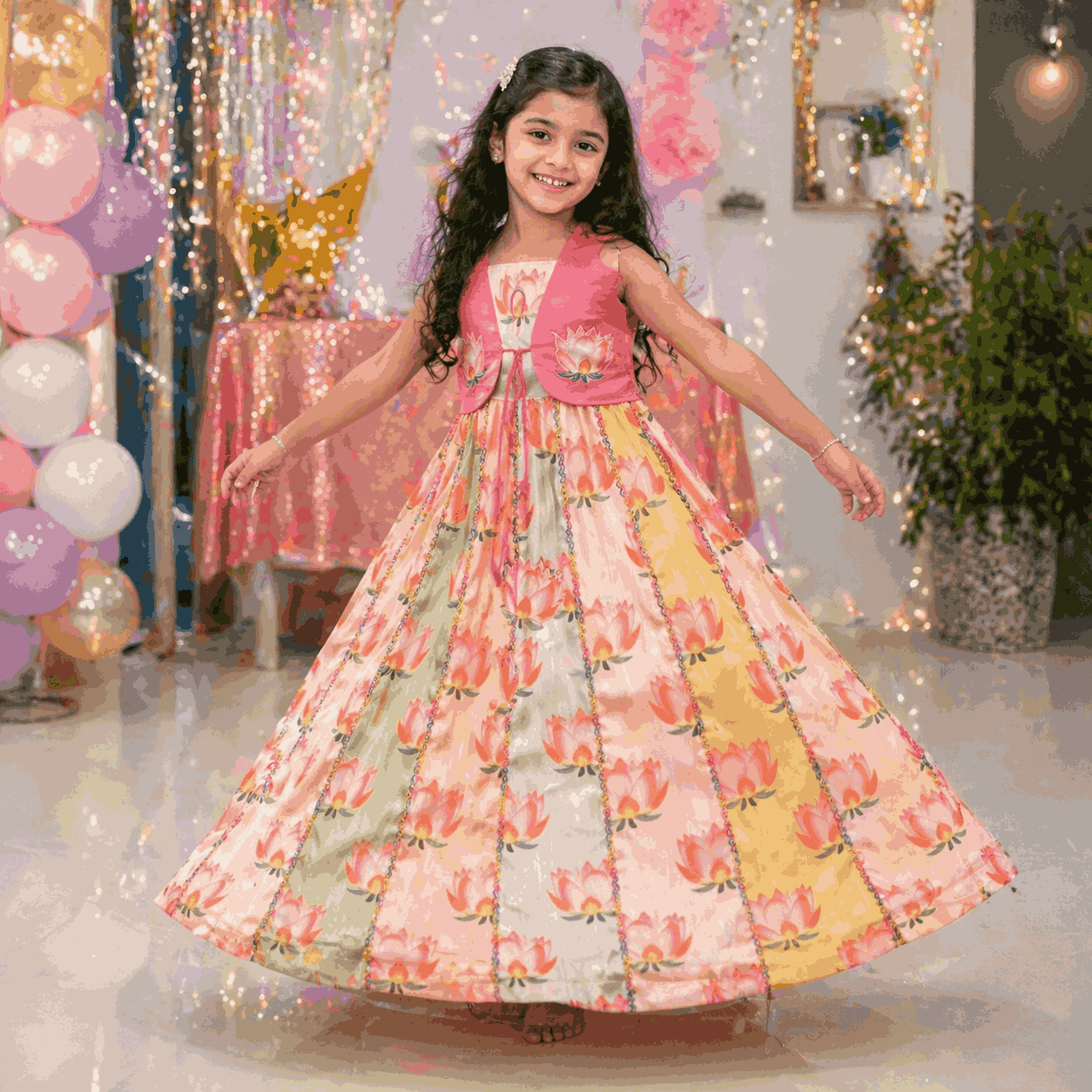 RadhaKrishnaDesignStudio - Lotus Panel Design Frock with overcoat