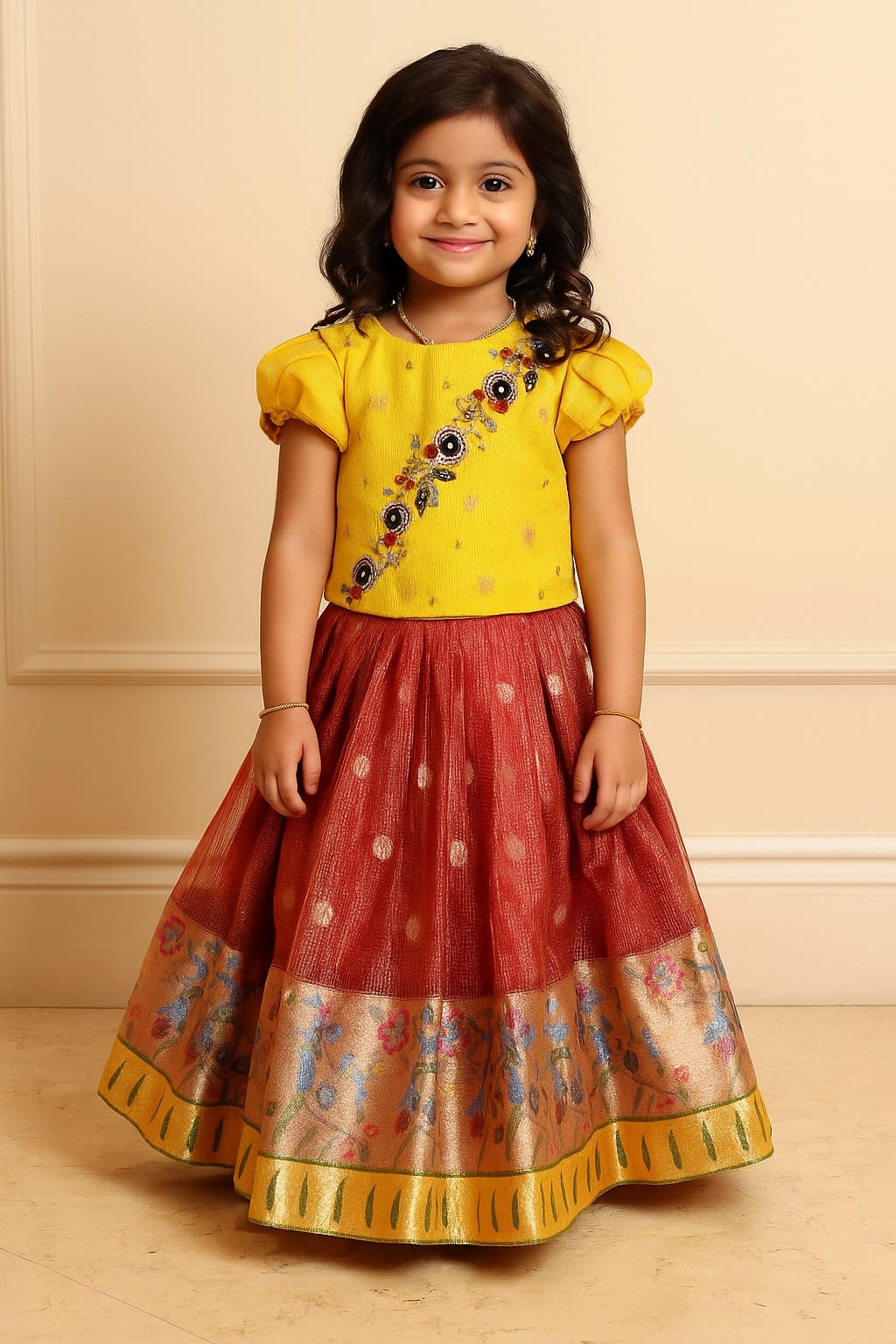 RadhaKrishnaDesignStudio - Brick red tissue Tissue Kota Lehenga with hand work blouse