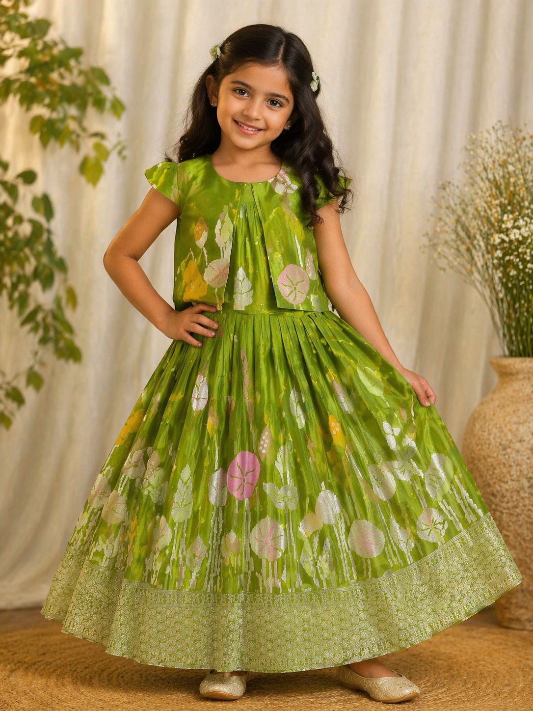 RadhaKrishnaDesignStudio - Elegant tussar banaras Floral Silk Lehenga Set for Girls | Festive Ethnic Wear