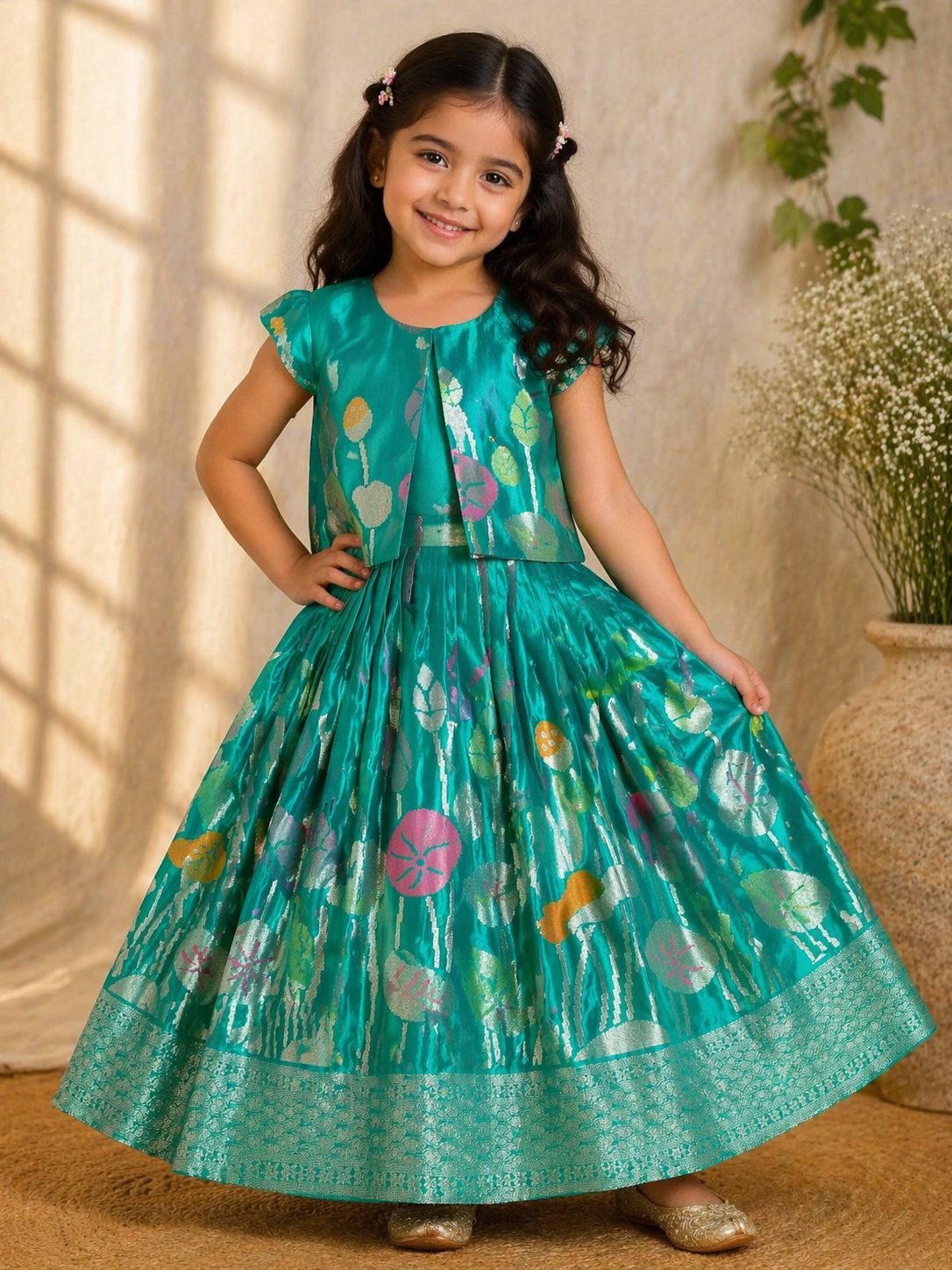RadhaKrishnaDesignStudio - Elegant tussar banaras Floral Silk Lehenga Set for Girls | Festive Ethnic Wear