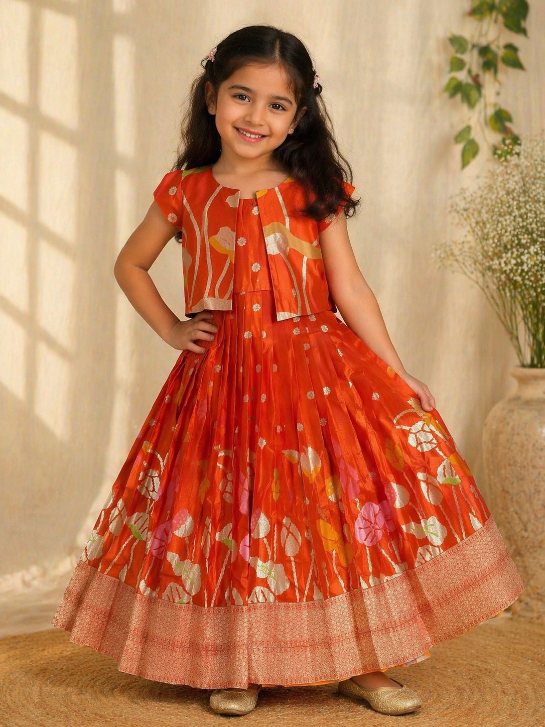 Elegant tussar banaras Floral Silk Lehenga Set for Girls | Festive Ethnic Wear
