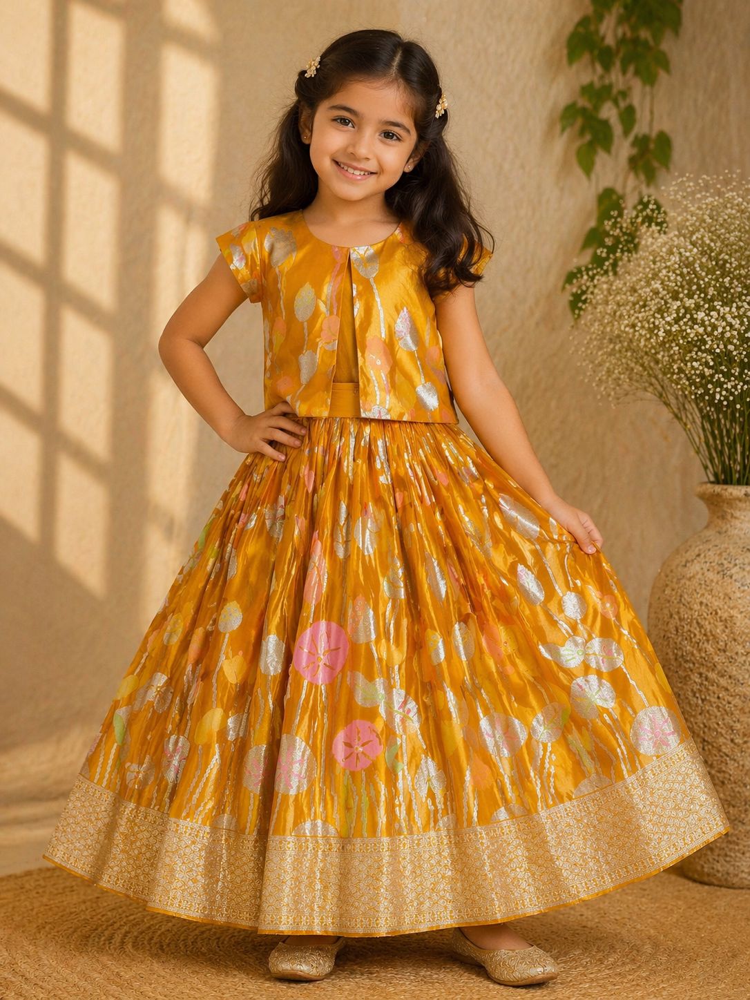 Elegant tussar banaras Floral Silk Lehenga Set for Girls | Festive Ethnic Wear