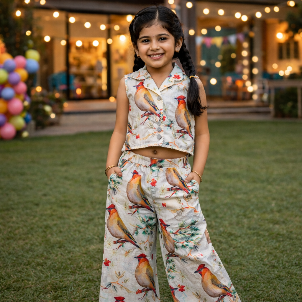 RadhaKrishnaDesignStudio - Girls Printed Co-ord Set with Crop Top & Flared Pants – Bird Print Stylish Party Wear