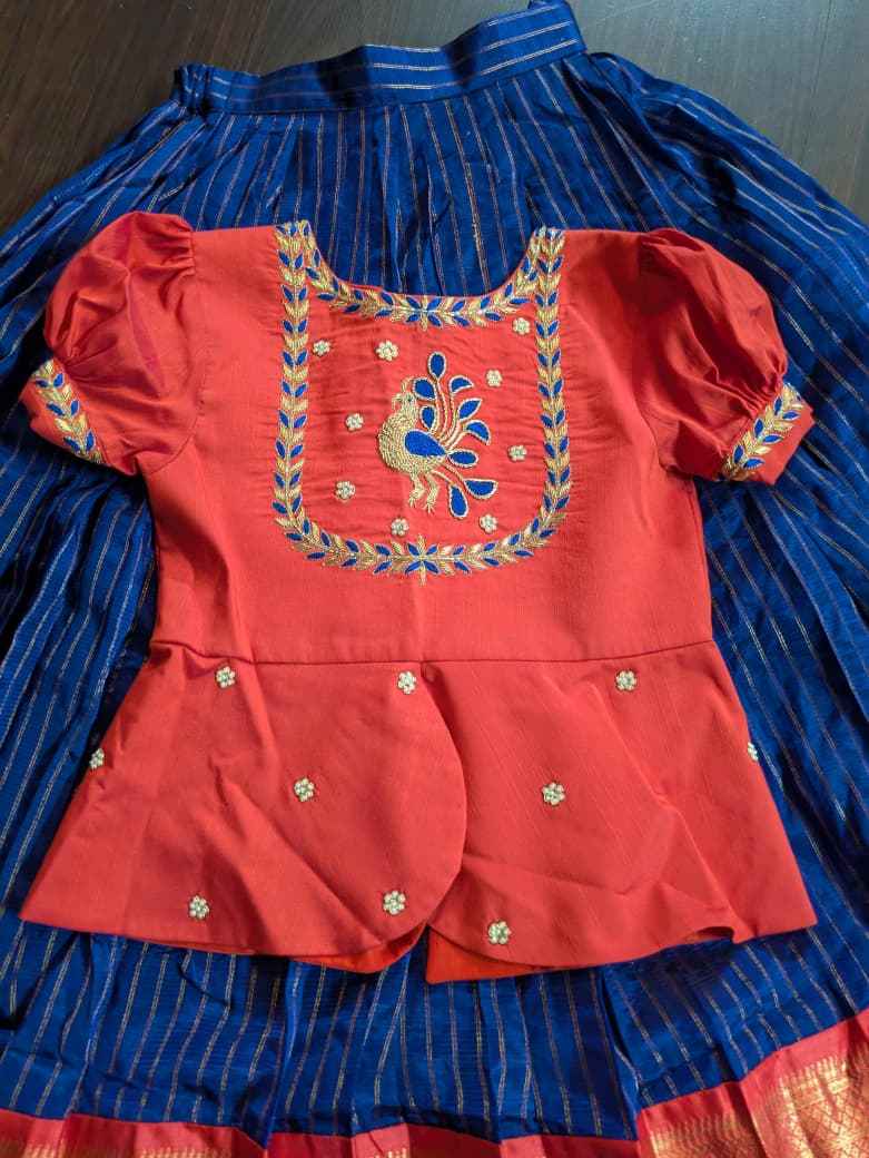 Beautiful mangalgiri lehenga with red peplum blouse