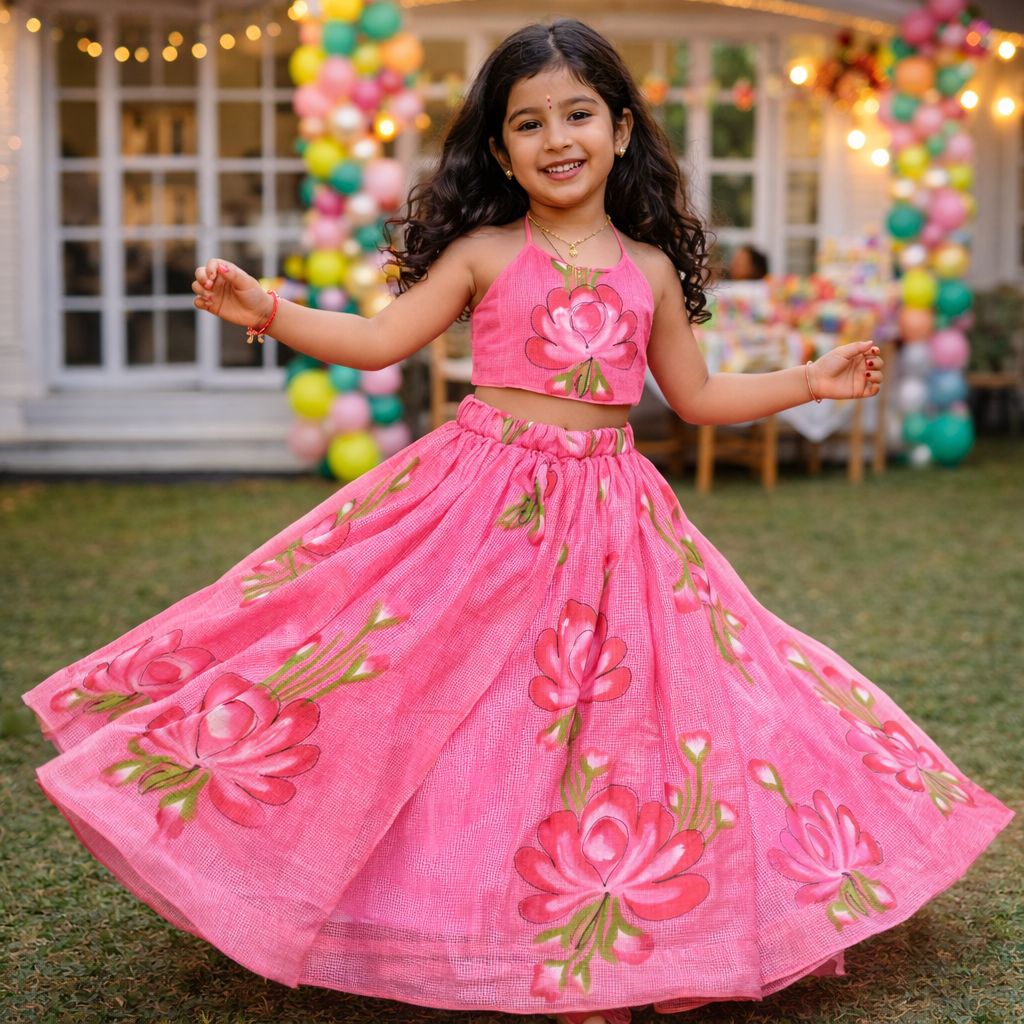 RadhaKrishnaDesignStudio - Hand-Painted Organza Frock - Dark Pink