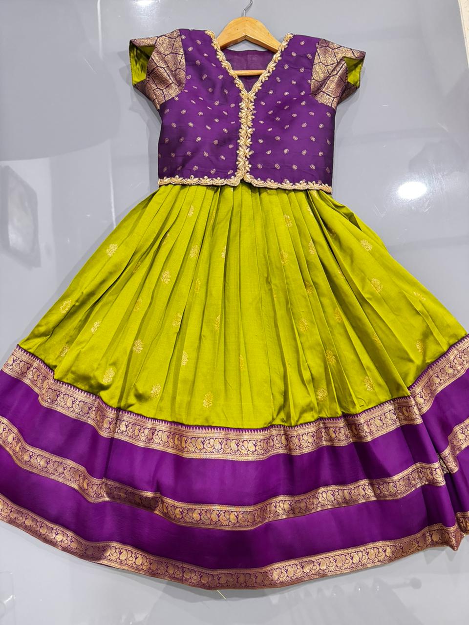 RadhaKrishnaDesignStudio - Soft silk gap border lehenga with beautiful maggam work blouse