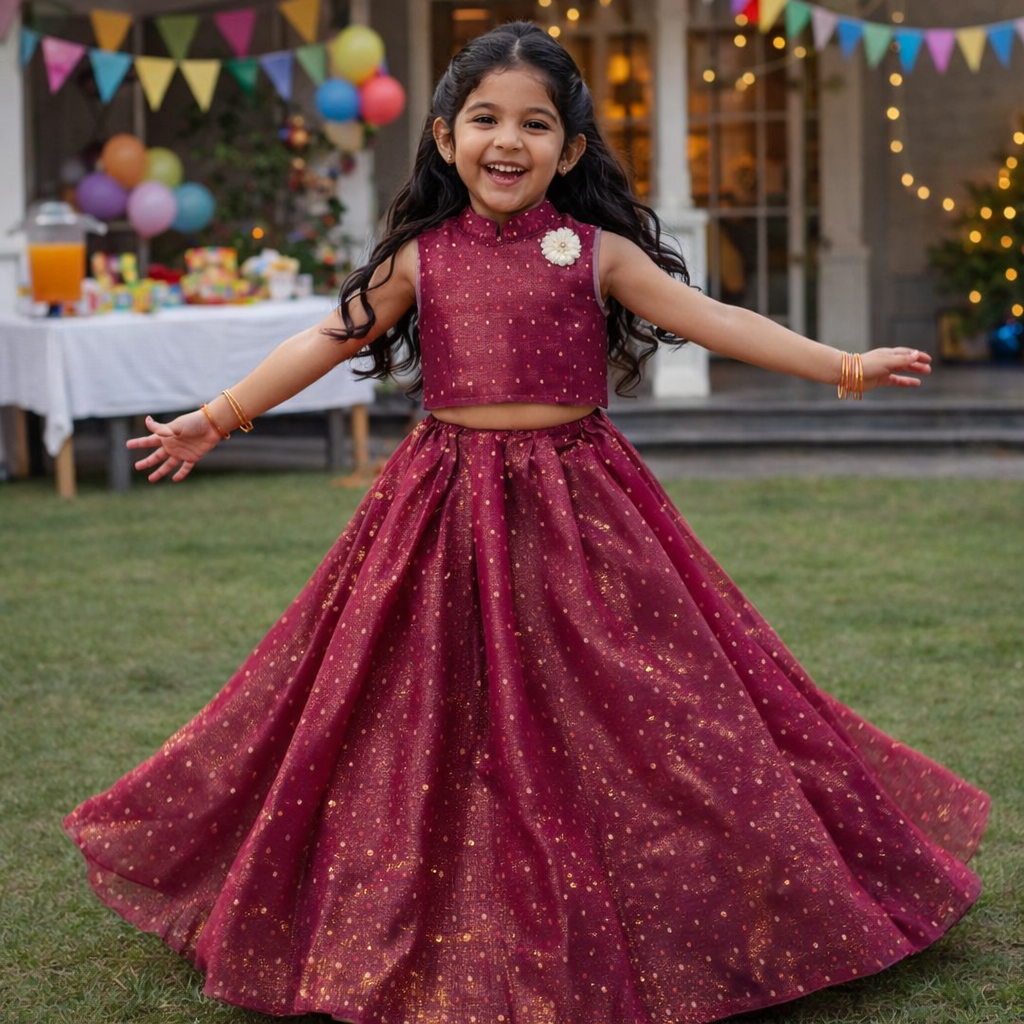 RadhaKrishnaDesignStudio - Mauve colour kids lehenga set with crop top- Elegant party wear for girls.