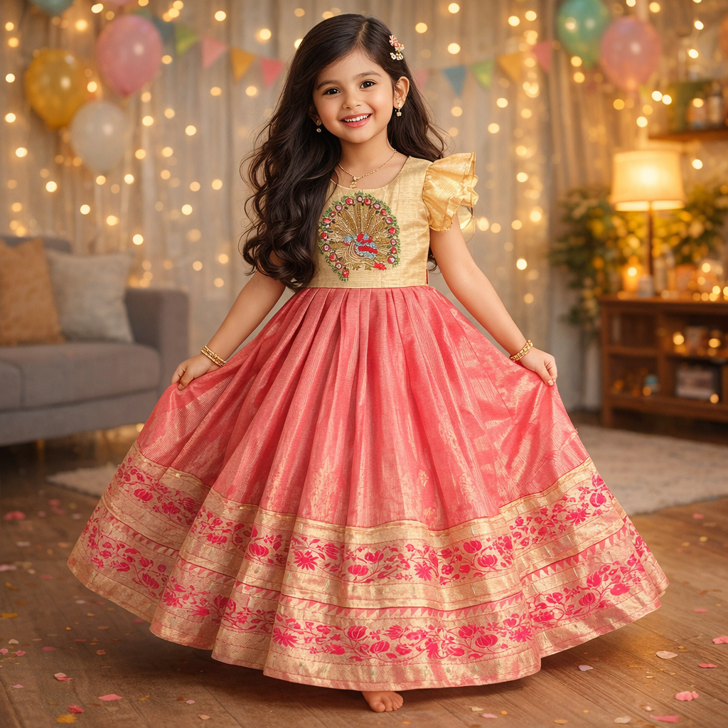 RadhaKrishnaDesignStudio - Pink Gold Banarasi Lehenga