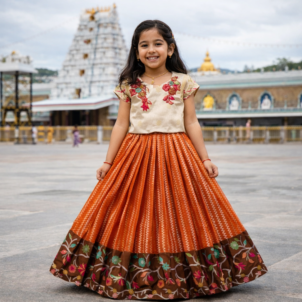 RadhaKrishnaDesignStudio - Elegant Beige & Rust Orange Floral Embroidered Lehenga Dress for Girls