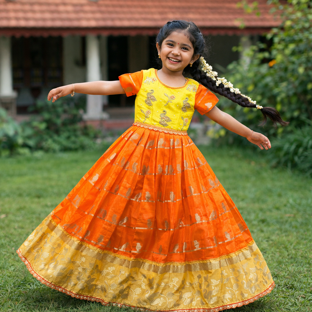 RadhaKrishnaDesignStudio - Orange Kota Banarasi Lehenga with raw silk blouse