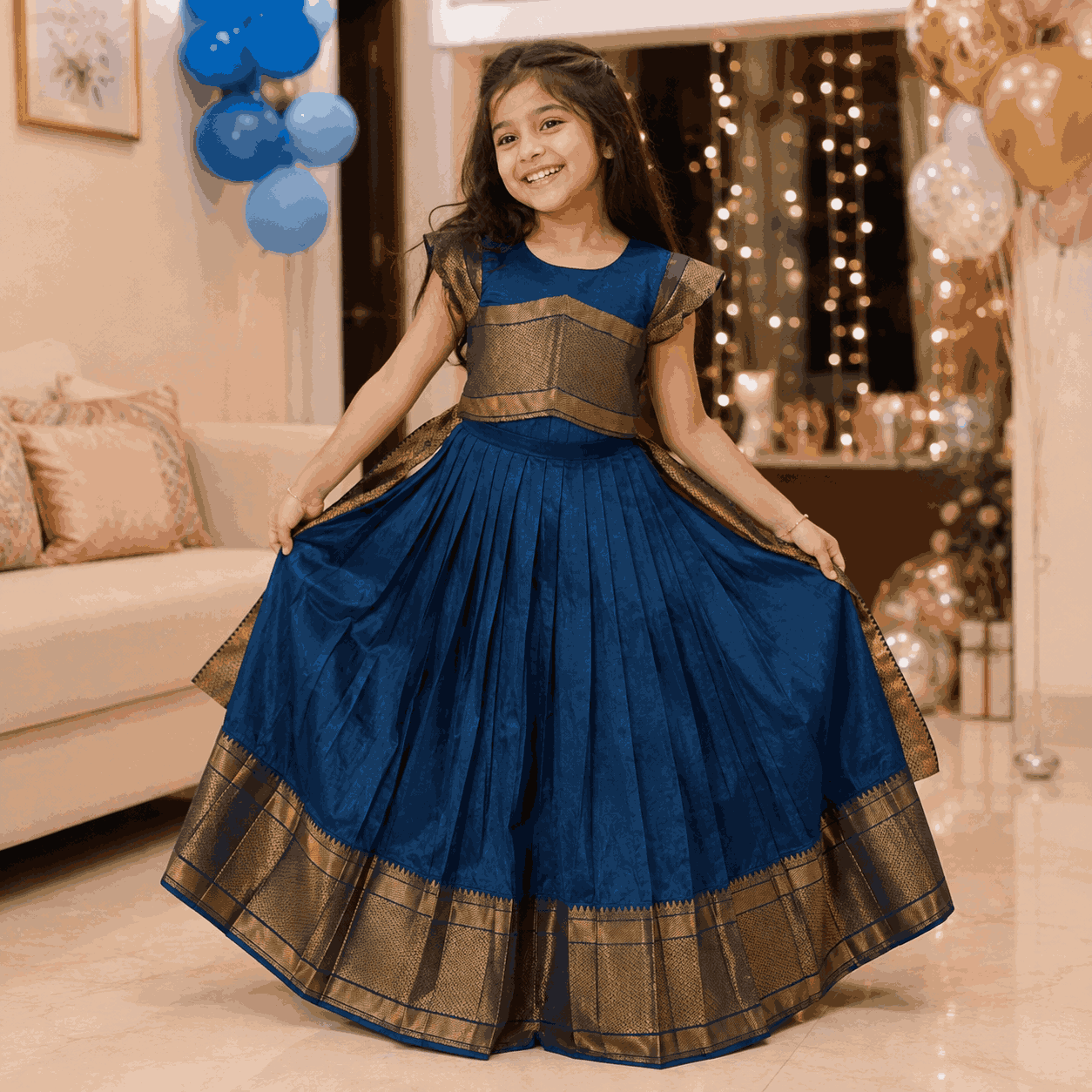 RadhaKrishnaDesignStudio - Peacock blue mangalgiri frock