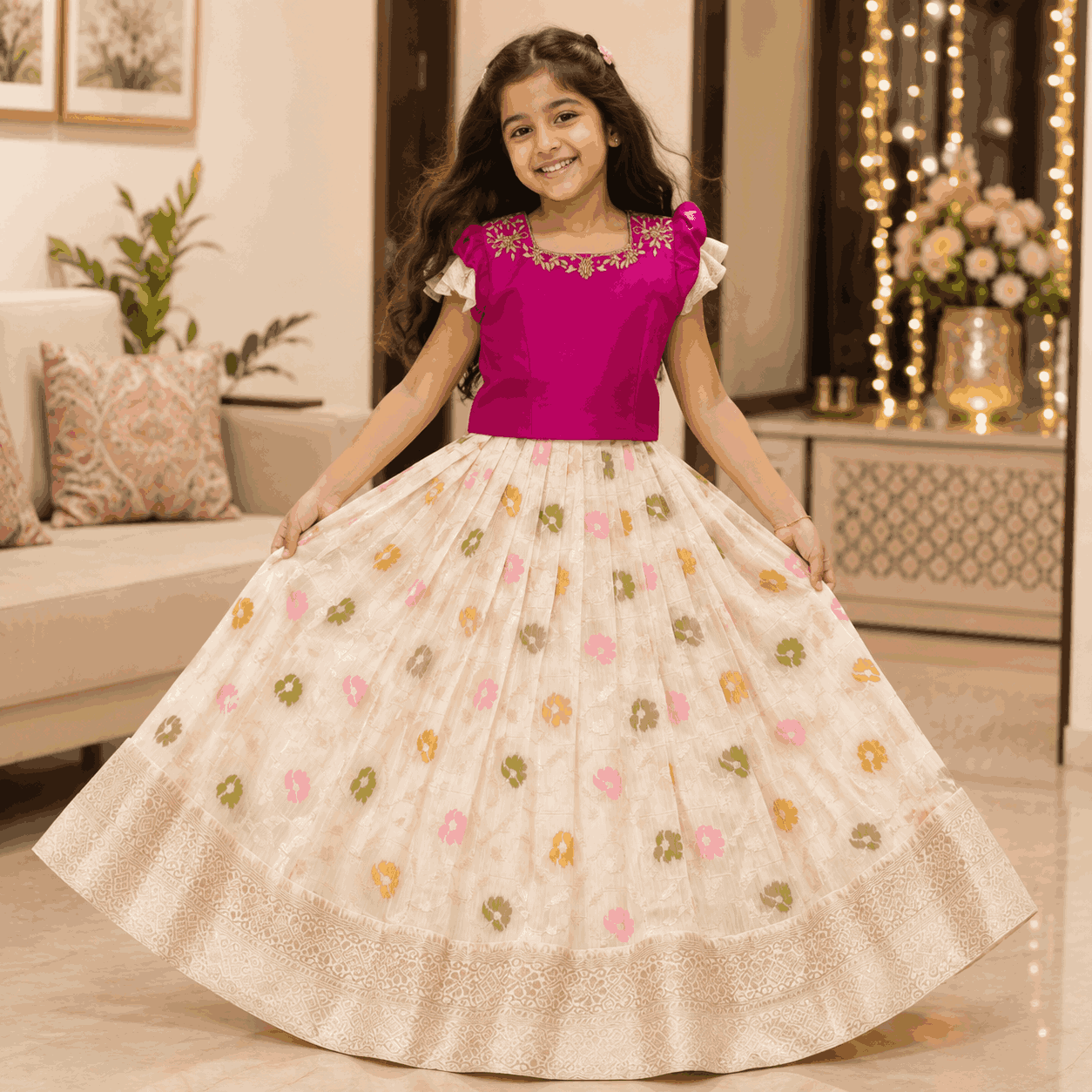 RadhaKrishnaDesignStudio - White multi coloured motif lehenga with pink hand work blouse