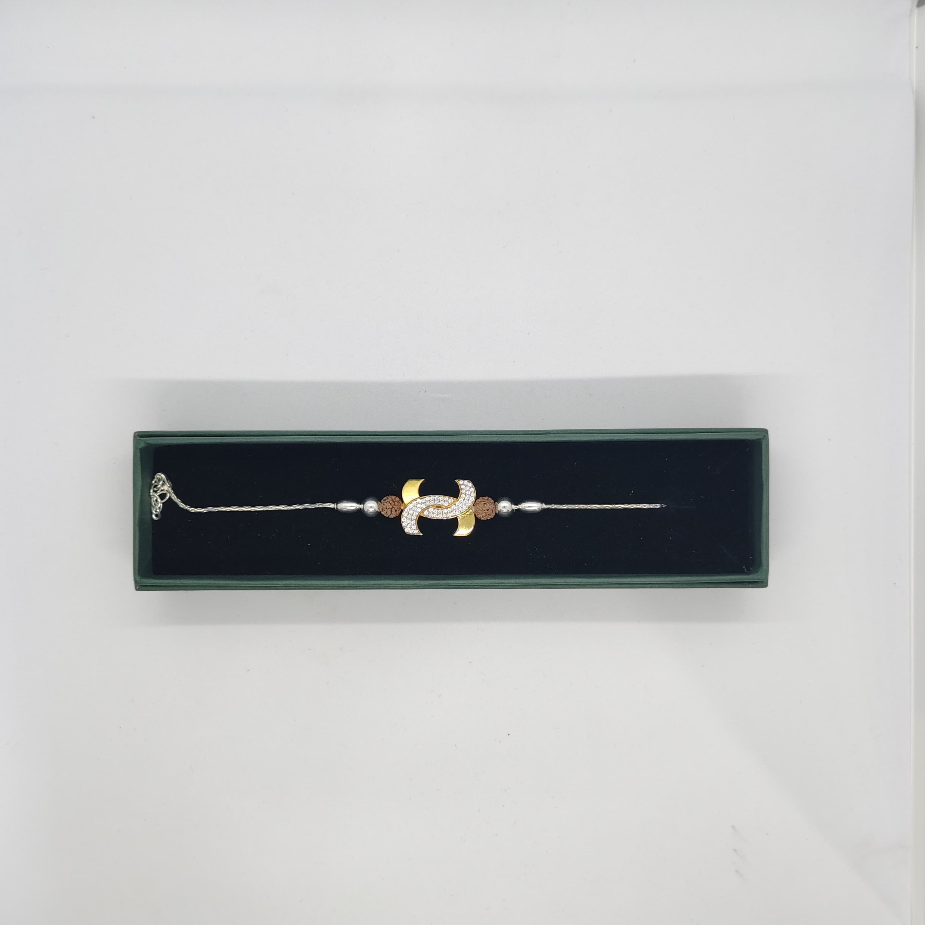 Silver CZ stones Rakhi with Gold Polish and Rudhraksh - Silver Rakhi