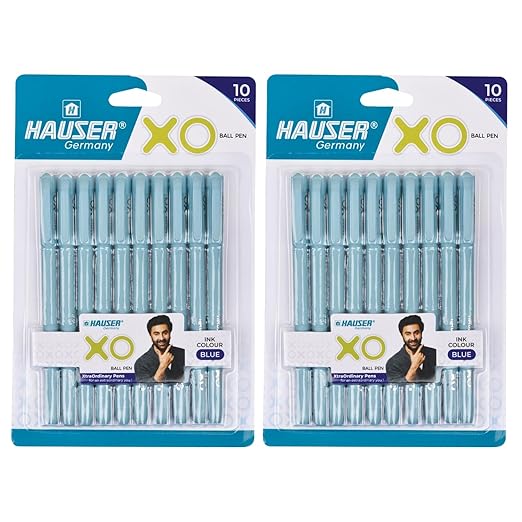 Hauser XO 0.7mm Ball Pen Blister Pack | Sleek Body & Minimalistic Design | Matt Finish & Solid Body Type | Low Viscosity Ink With Ultra Durable Tip | Blue Ink, Pack of 20 Pens