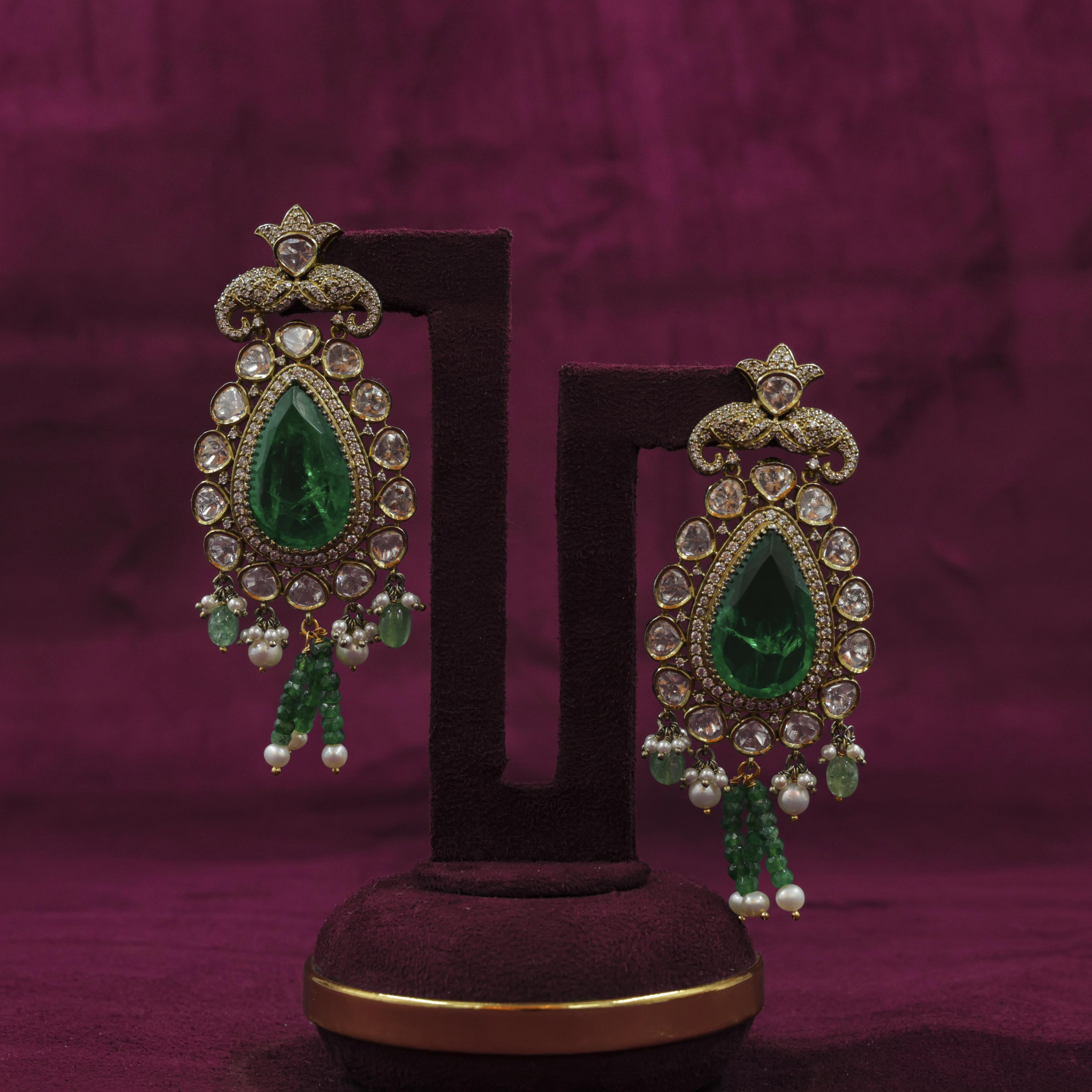 Saubhagya Jewellers - Emerald Chandbali Earrings