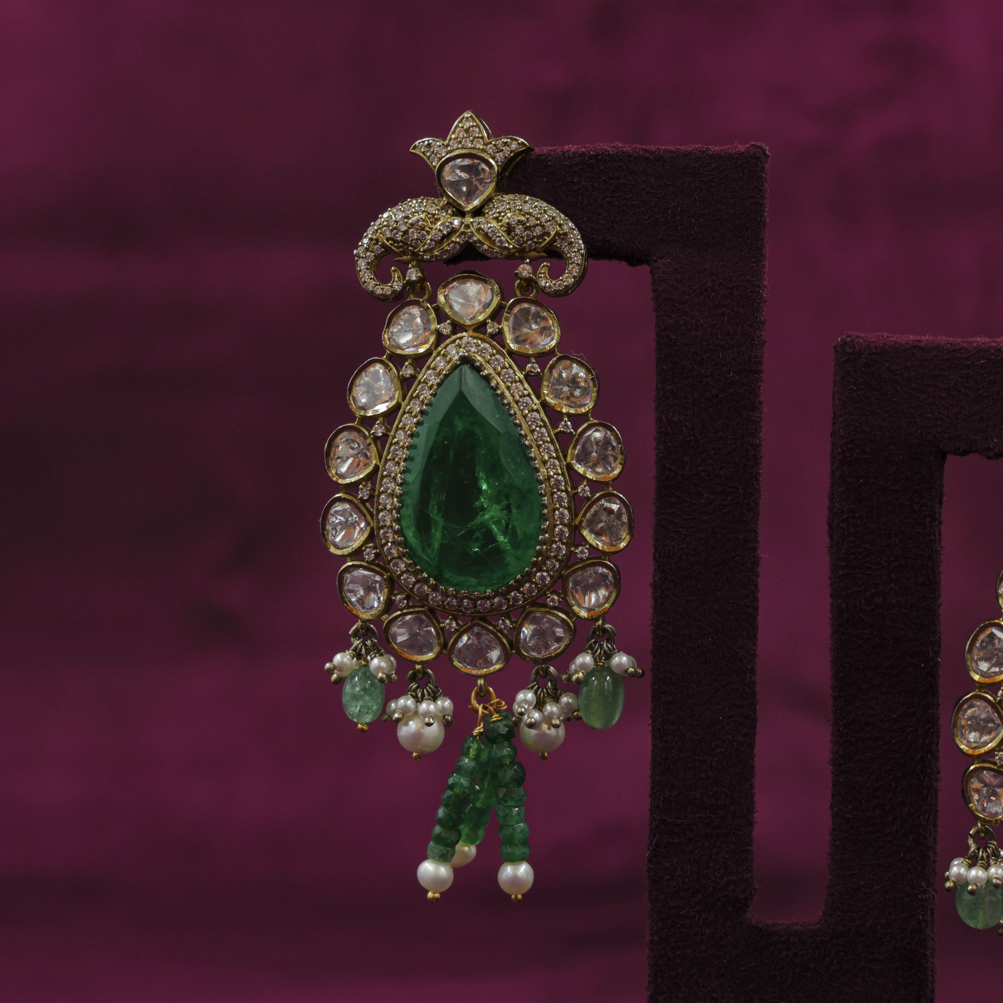 Saubhagya Jewellers - Emerald Chandbali Earrings
