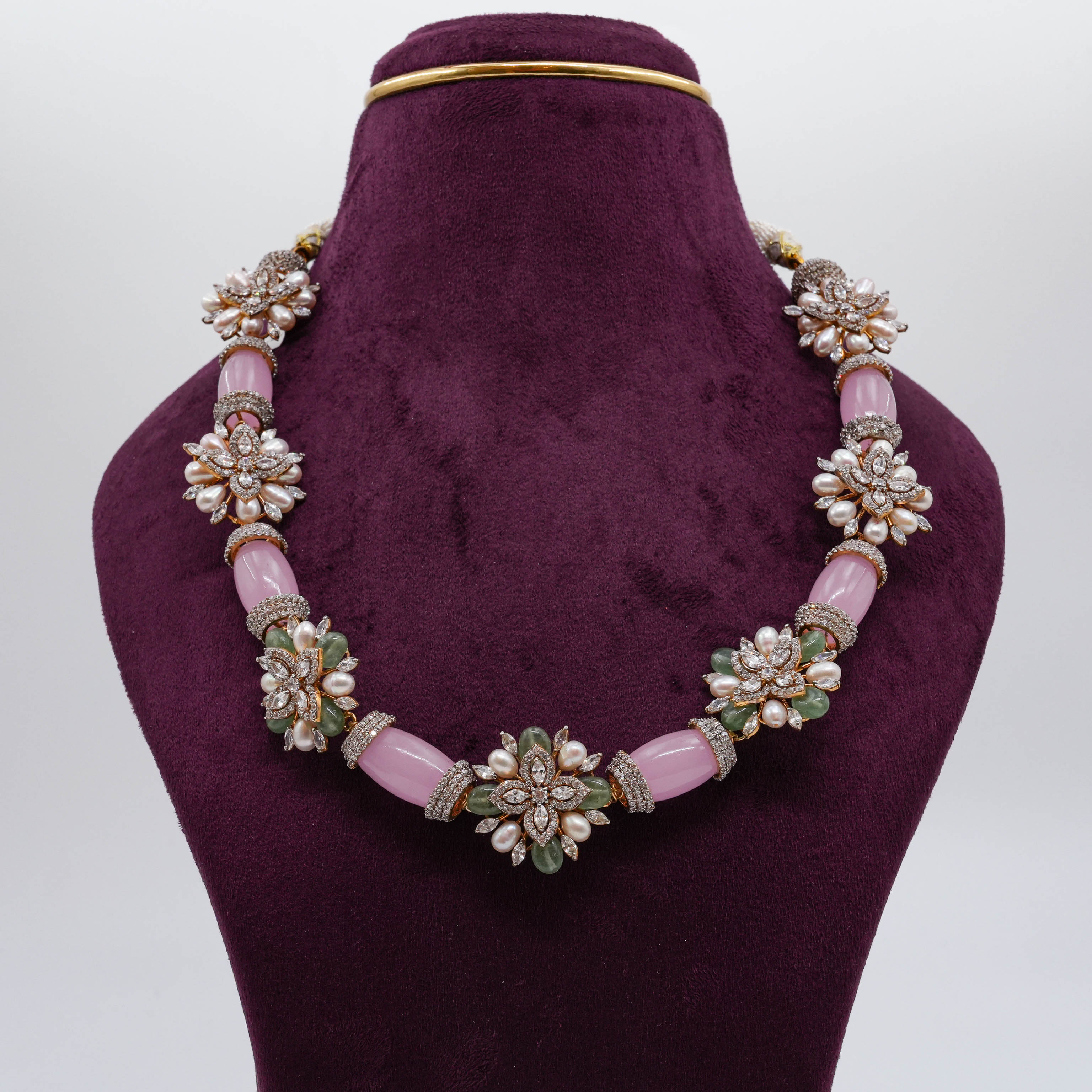 Saubhagya Jewellers - Pink Jade Floral Necklace