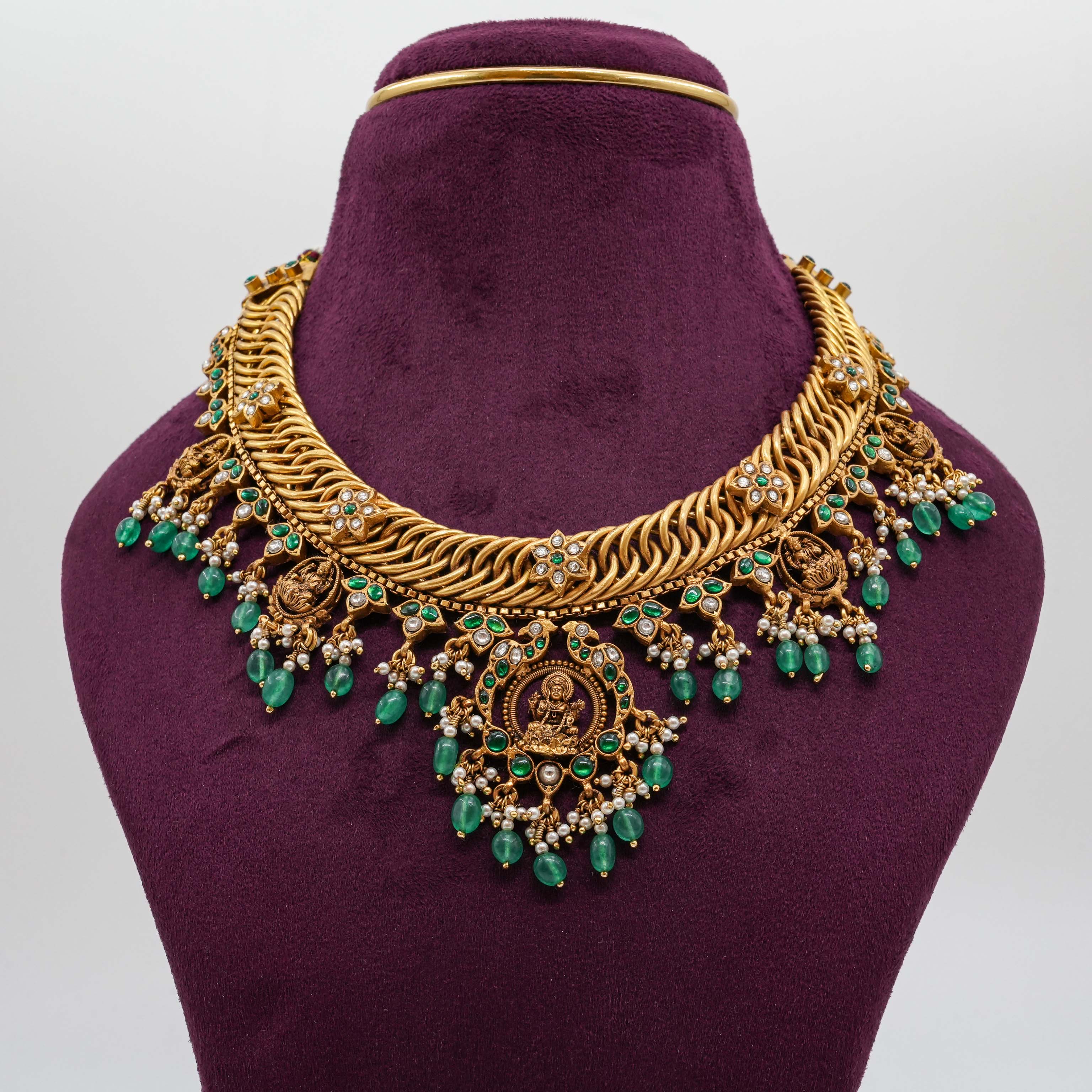 Saubhagya Jewellers - Green Pearl Goddess Lakshmi Temple Necklace