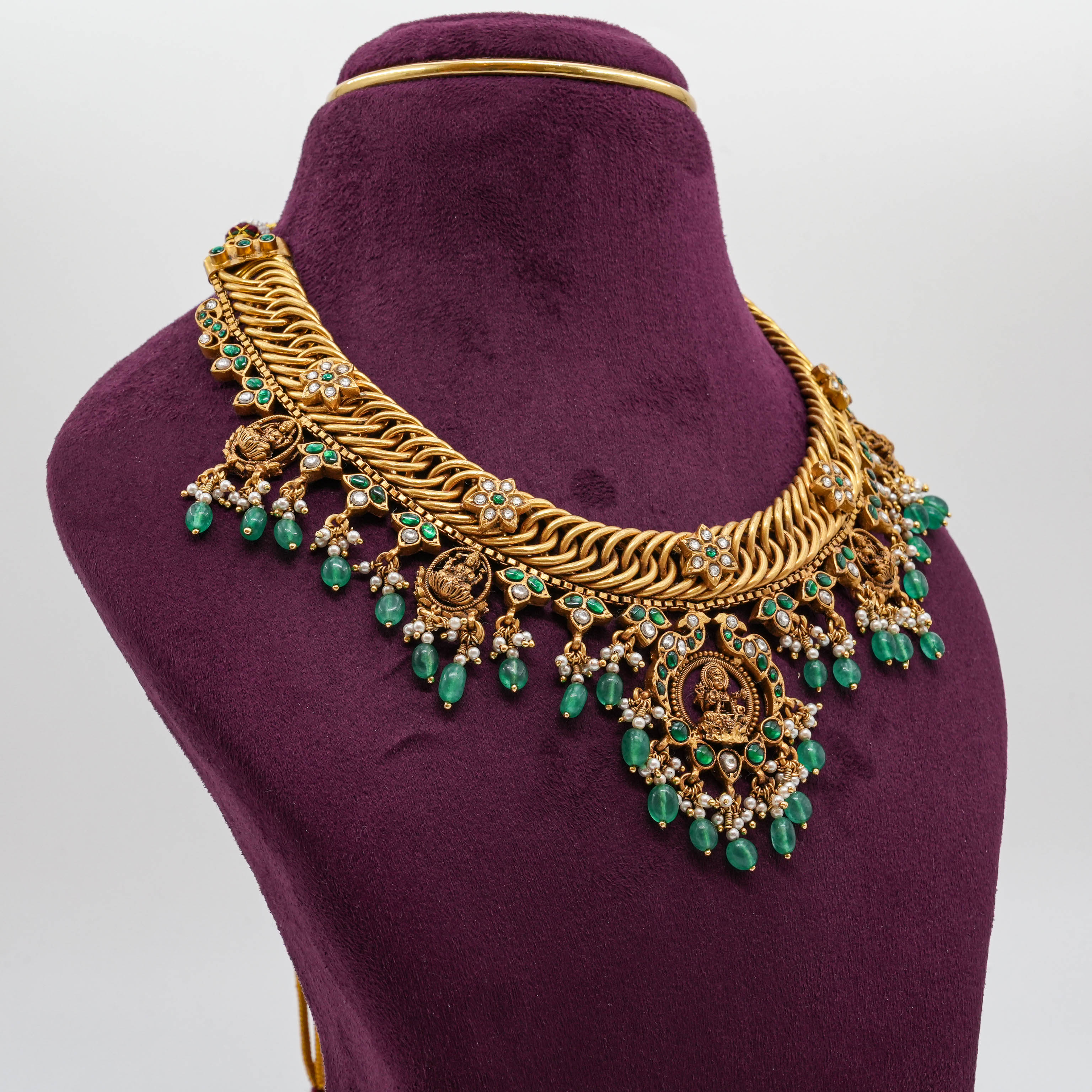 Saubhagya Jewellers - Green Pearl Goddess Lakshmi Temple Necklace
