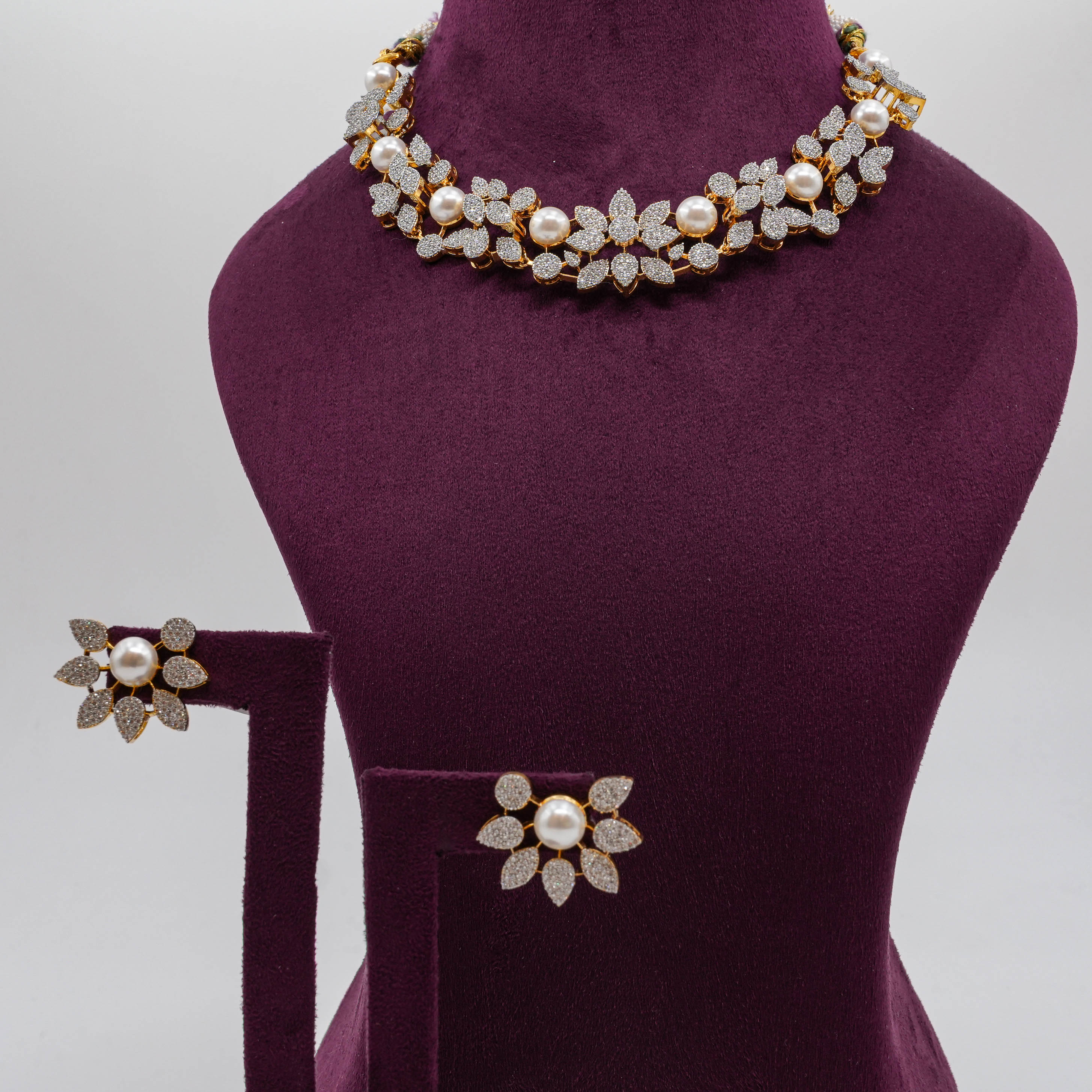 Saubhagya Jewellers - Floral Pearl CZ Necklace Set