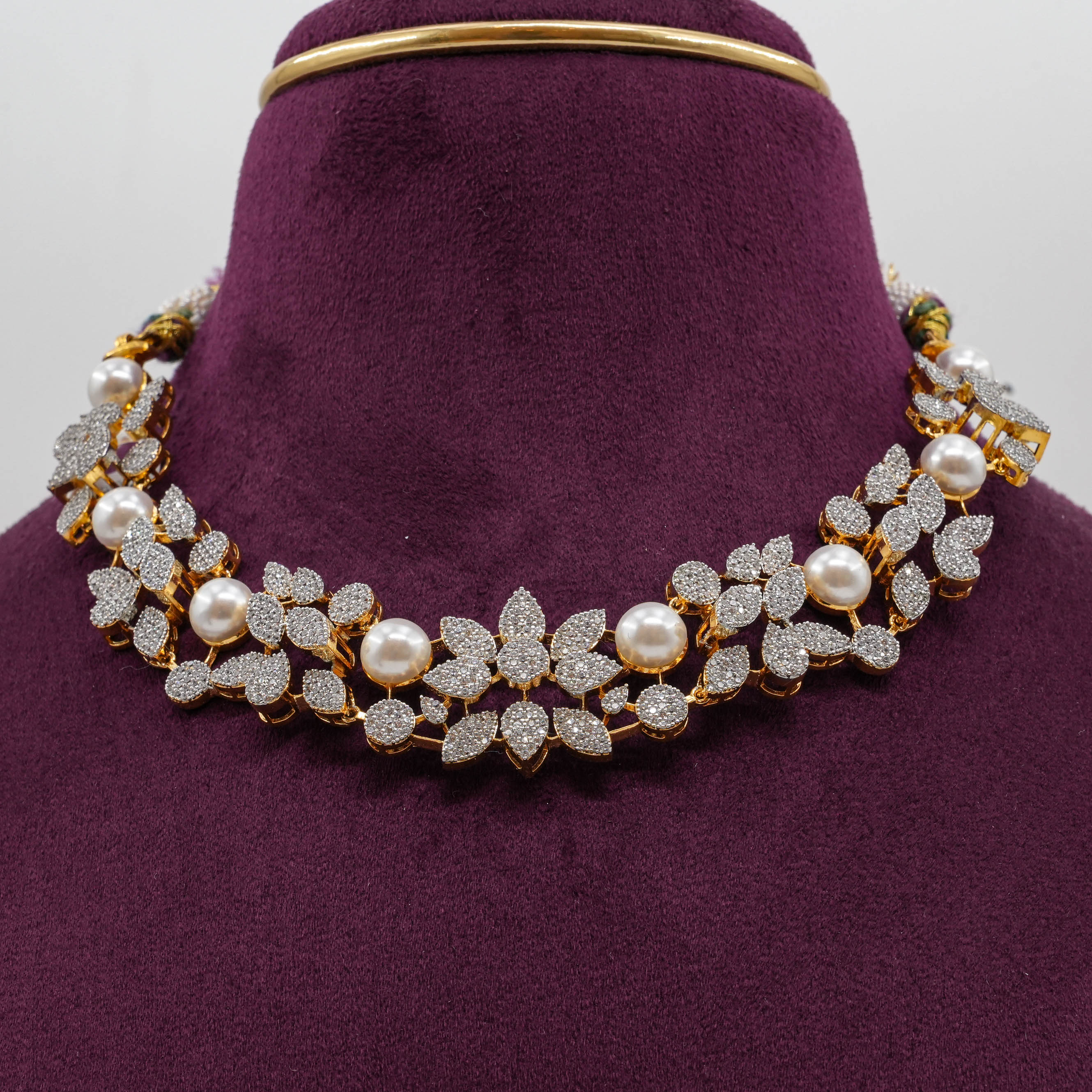 Saubhagya Jewellers - Floral Pearl CZ Necklace Set