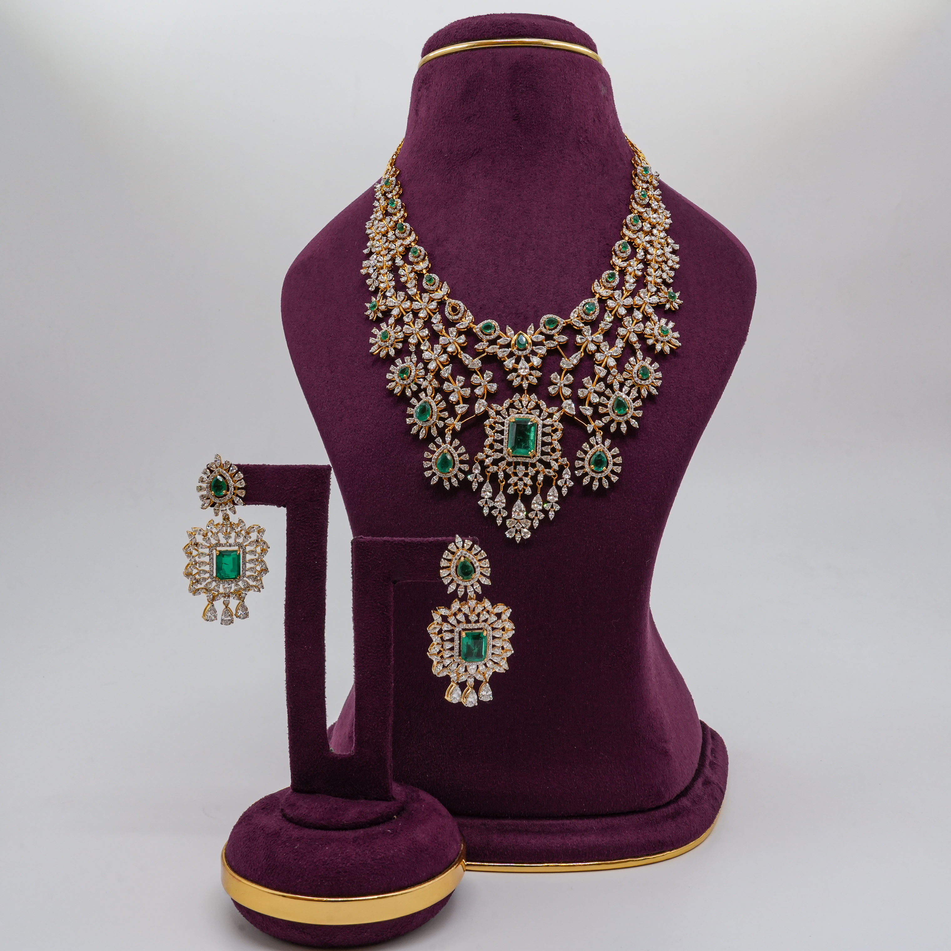 Flower CZ with Square Green Stone Necklace