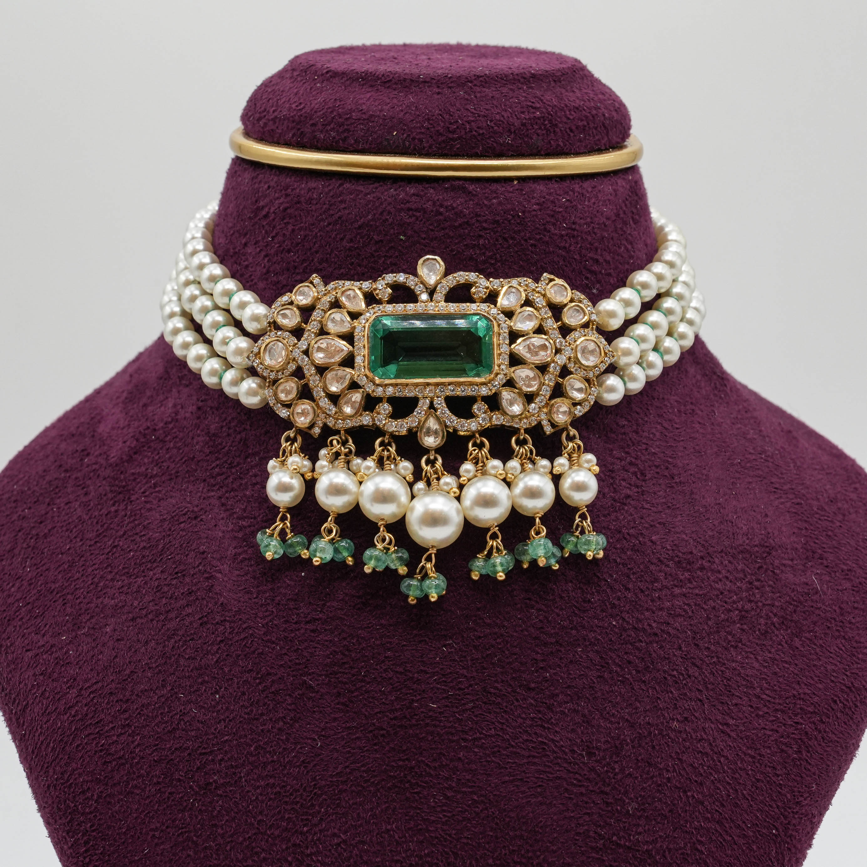 Saubhagya Jewellers - Green Stone Pearl Choker Set