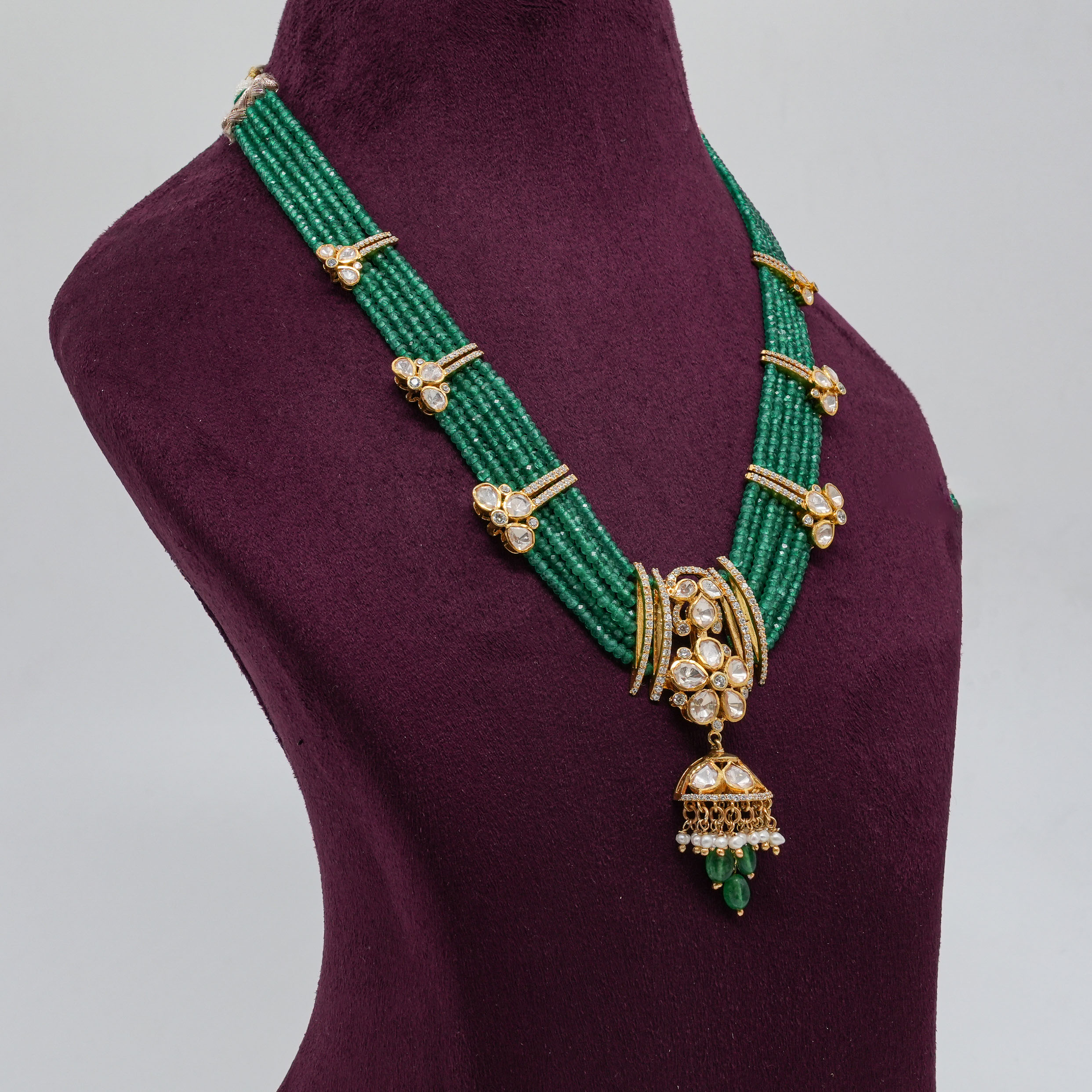 Saubhagya Jewellers - Emerald Kundan Jhumka Necklace