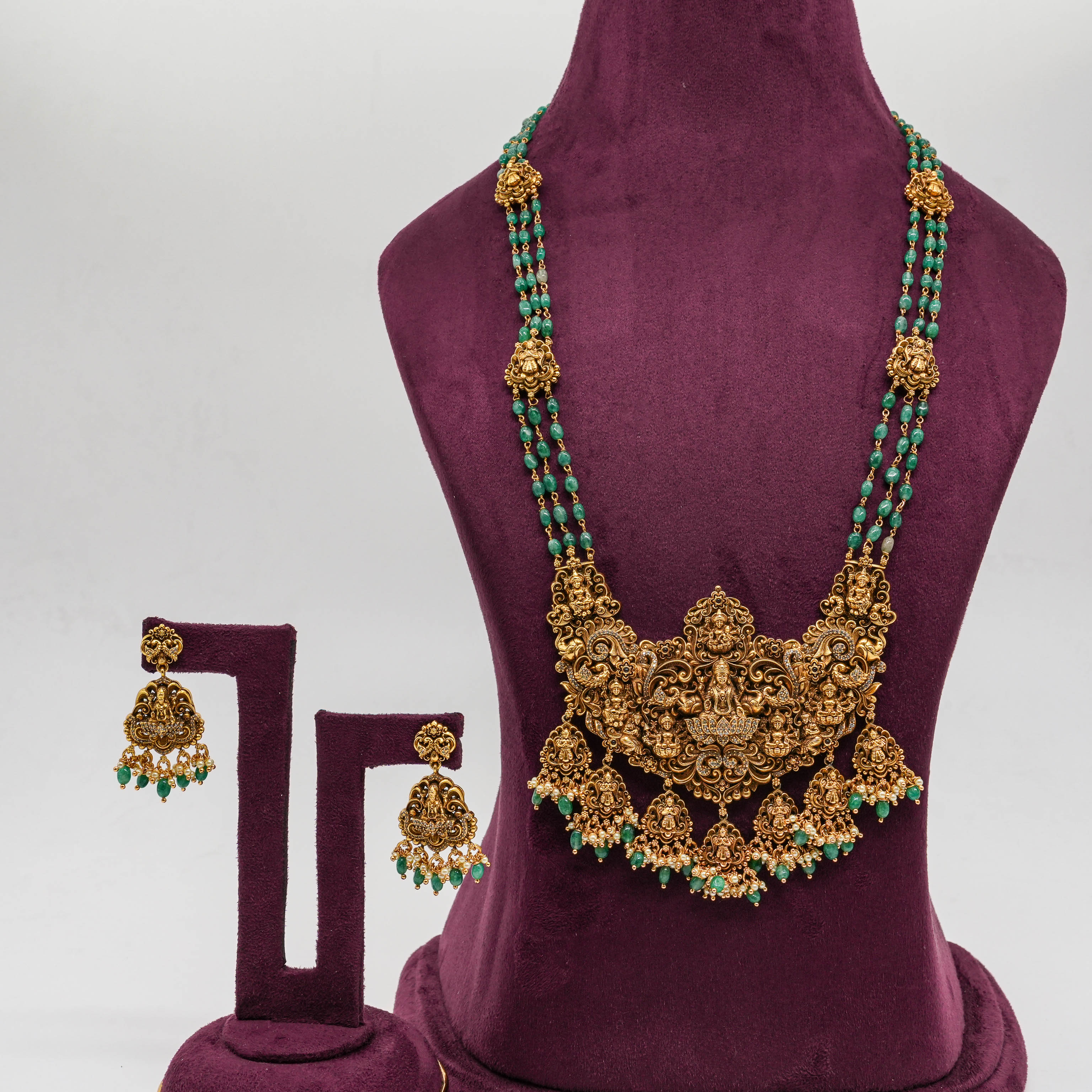 Saubhagya Jewellers - Emerald Layered Temple Necklace