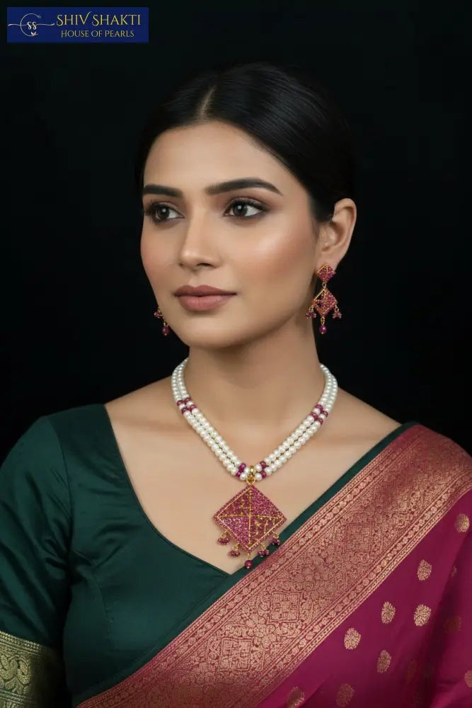 Shiv Shakti Pearls - 2 Line Classic Ruby Set