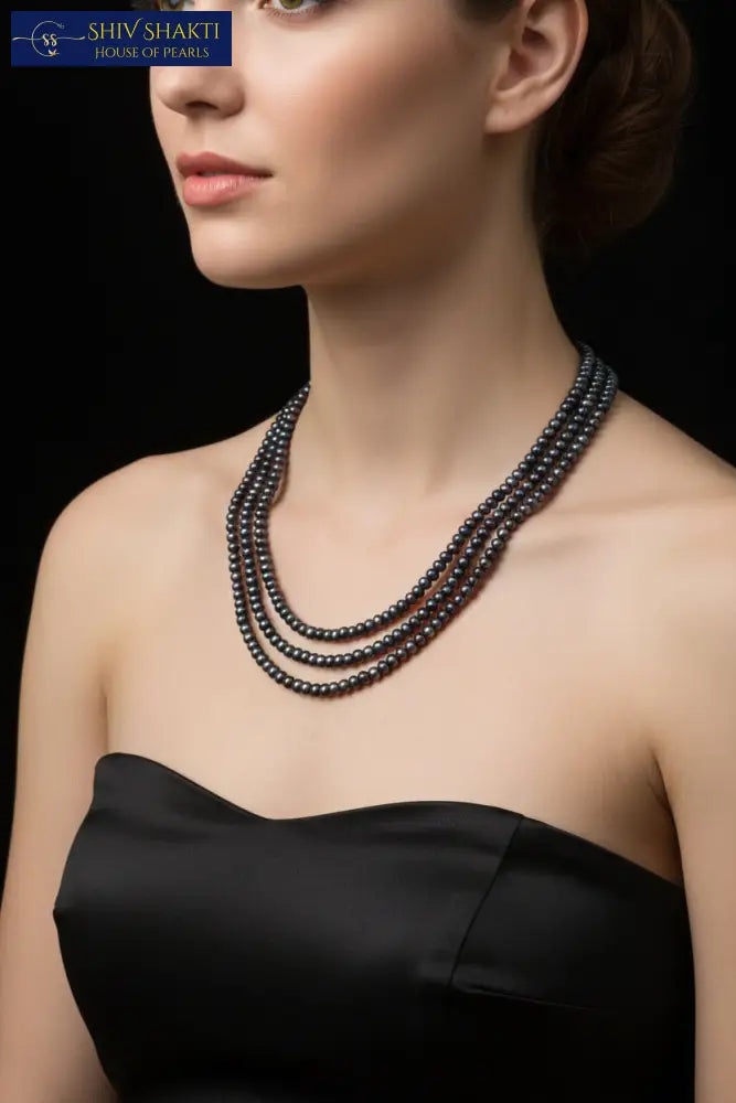 Shiv Shakti Pearls - 3 line blues gray mala