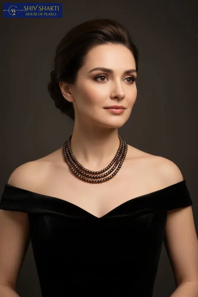 3 Line Brown Majestic Pearl Necklace
