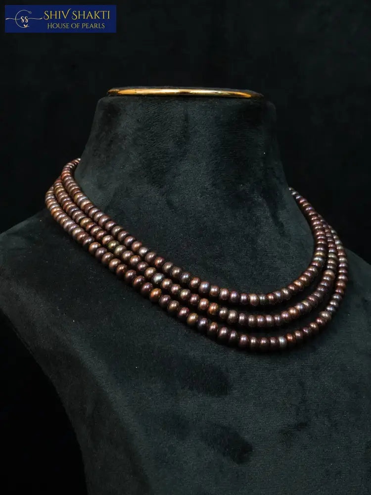 Shiv Shakti Pearls - 3 Line Brown Majestic Pearl Necklace