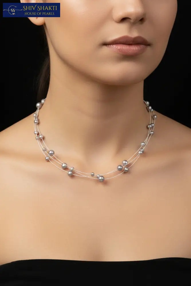 Shiv Shakti Pearls - 3 Lines Silver Gray Pearl